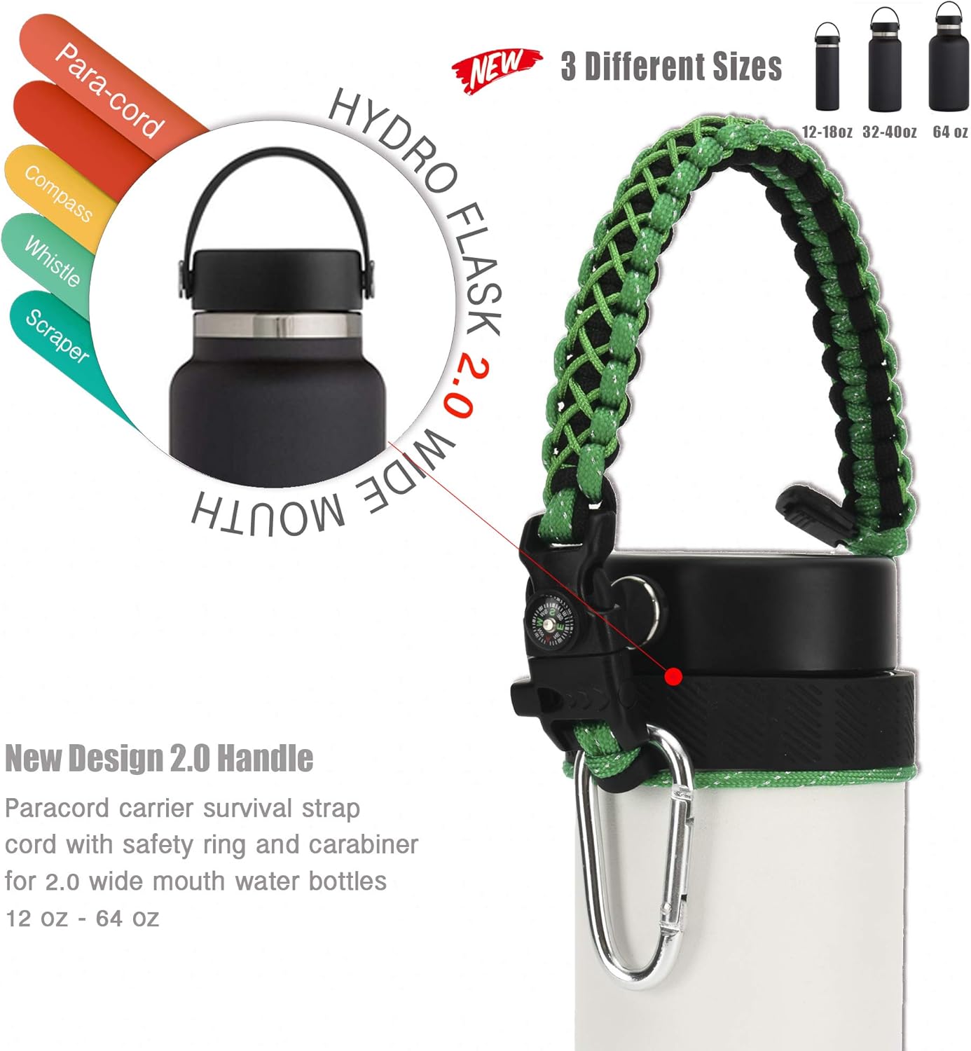 QeeCord – Asa de cuerda de paracaídas para botella Hydro Flask 2.0 de boca ancha estándar con anillo y mosquetón (12, 16, 18, 20, 32, 40 y 64 onzas)
