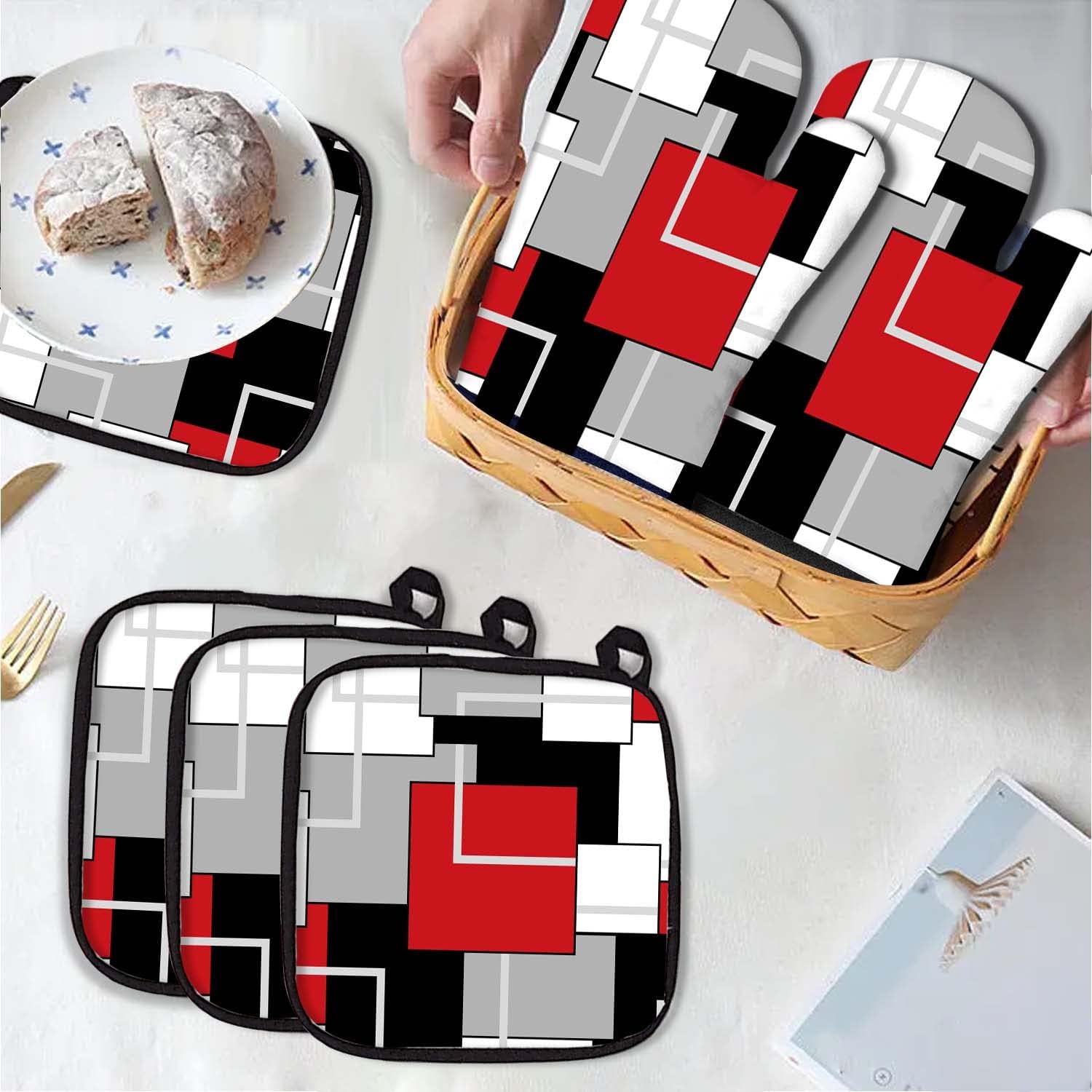 MCALK Juego de 5 guantes de horno rojos y soportes para ollas, guantes de horno negros geométricos y almohadillas calientes para cocinar en la