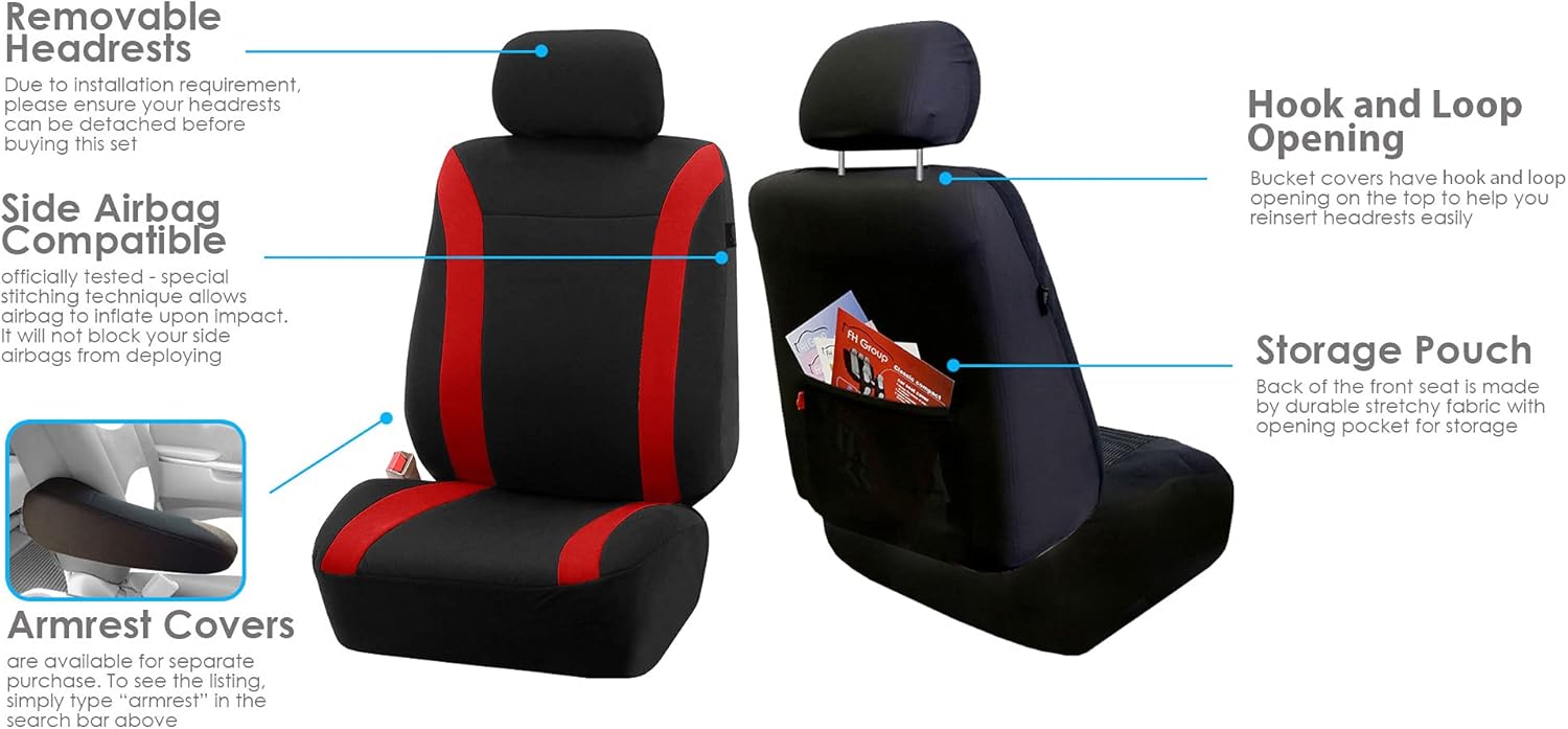 FH Group Cosmopolitan – Fundas de asiento de automóvil, protector rojo para bolsa de aire y fundas de asiento trasero divididas con alfombrillas de