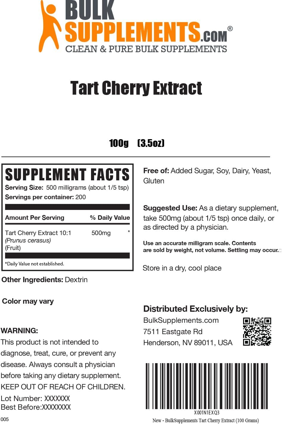 BULKSUPPLEMENTS.COM Polvo de extracto de cereza agria, suplemento de hierbas, fuente antioxidante, sin gluten, sin azúcar, 500 mg por porción, 200