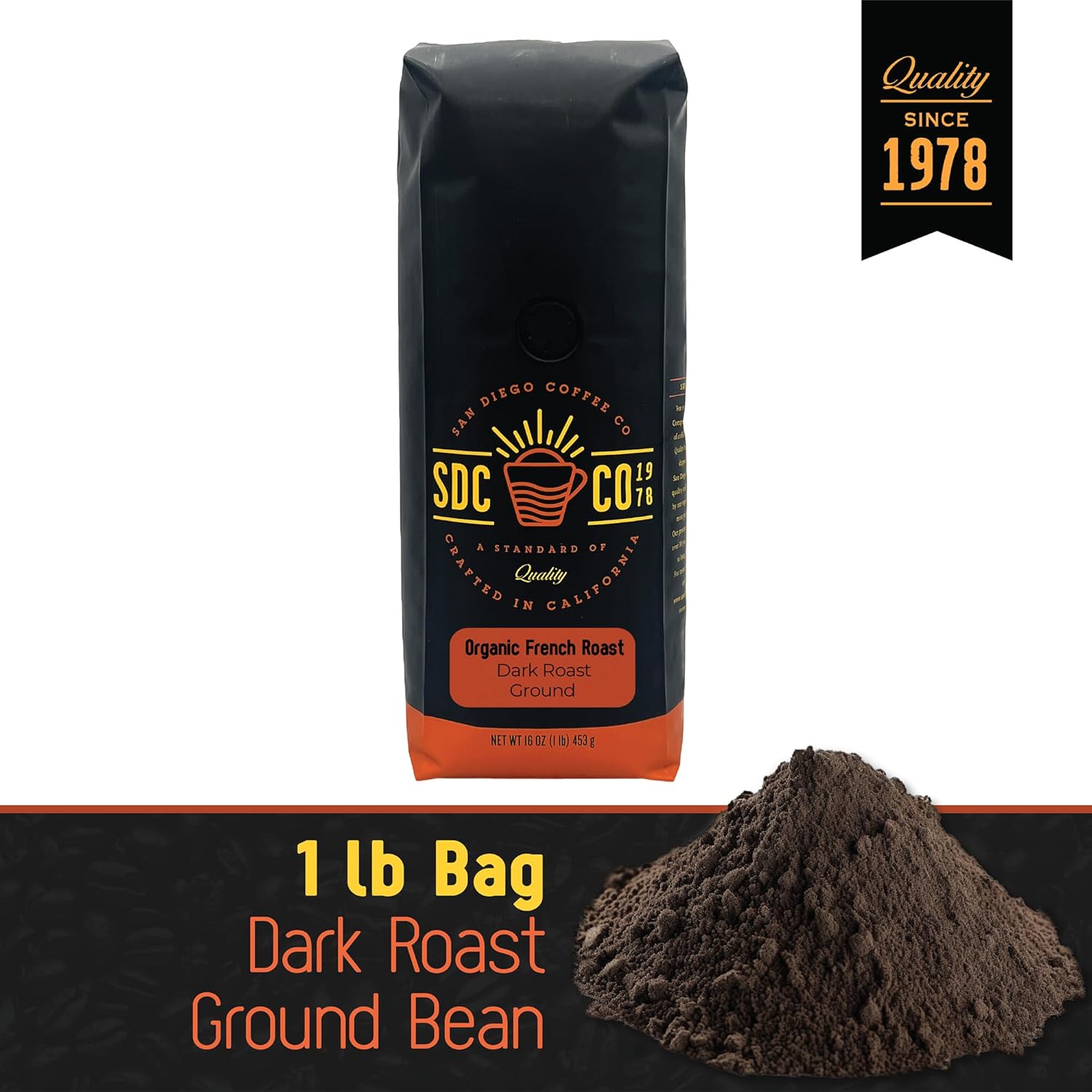 San Diego Coffee Café molido tostado orgánico, tostado oscuro, bolsa de 16 onzas
