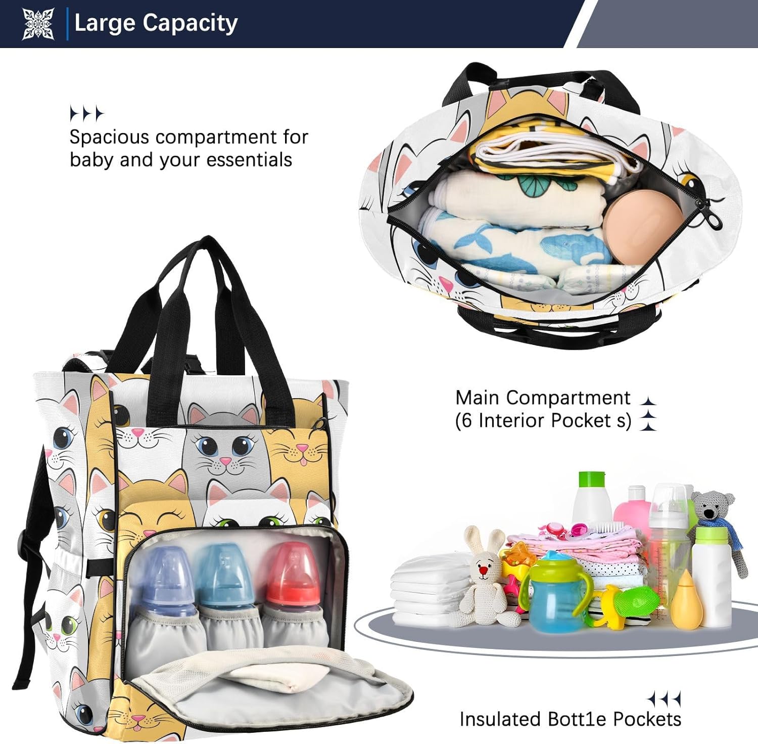 Gatos (2) Mochila de pañales para bebés, niños y niñas, multifunción para bebés, bolsa de viaje con correas para cochecito y almacenamiento de