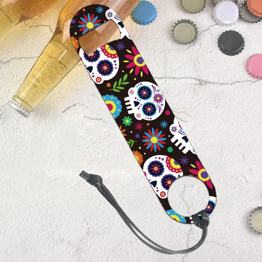 Abrebotellas de calavera de azúcar, decoración del día de los muertos, abridor de botellas de acero inoxidable, barra de velocidad plana para