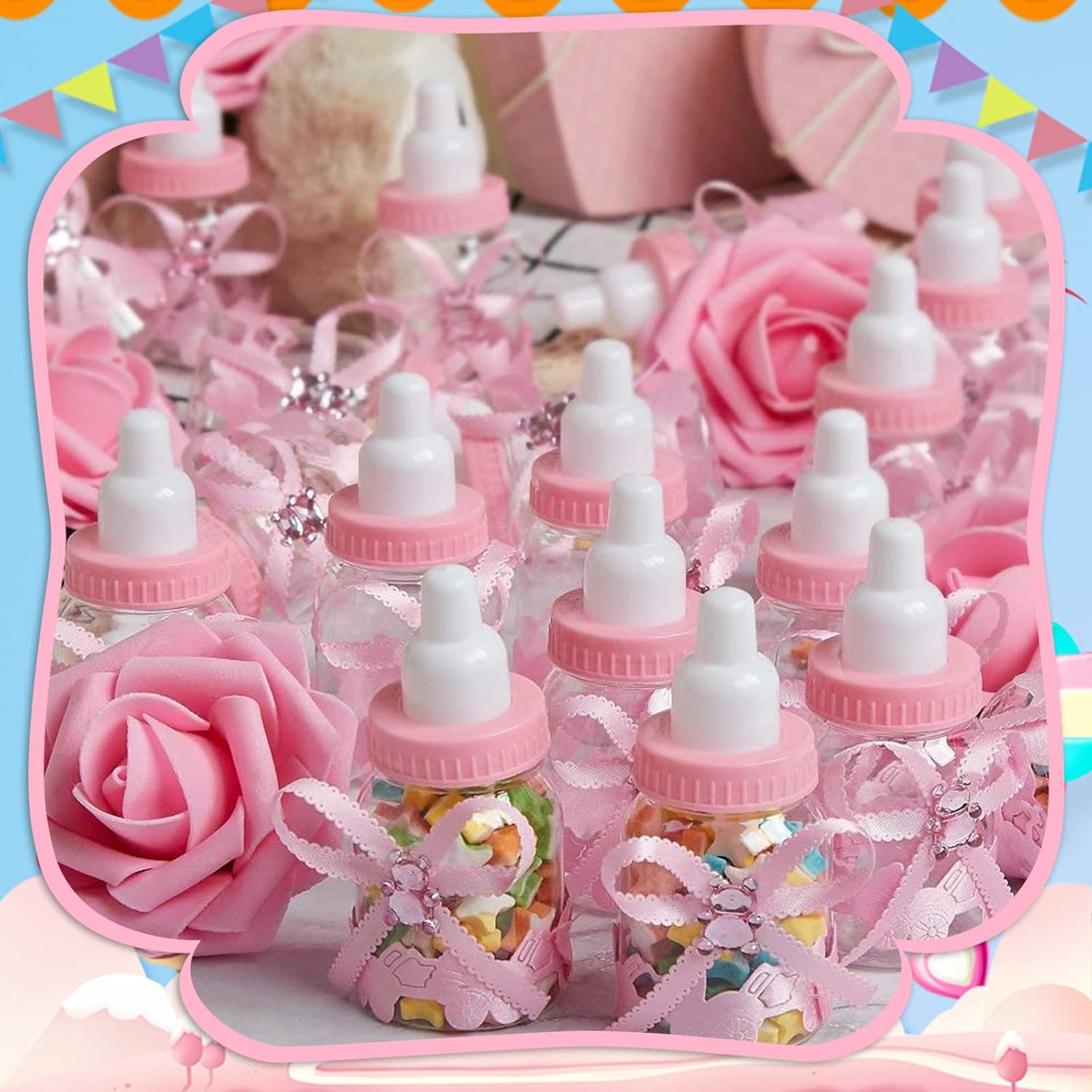 MACTING Biberón para recuerdos de baby shower, 4docenas de mini botellas de caramelo con 10 flores artificiales para niños y niñas, decoración de