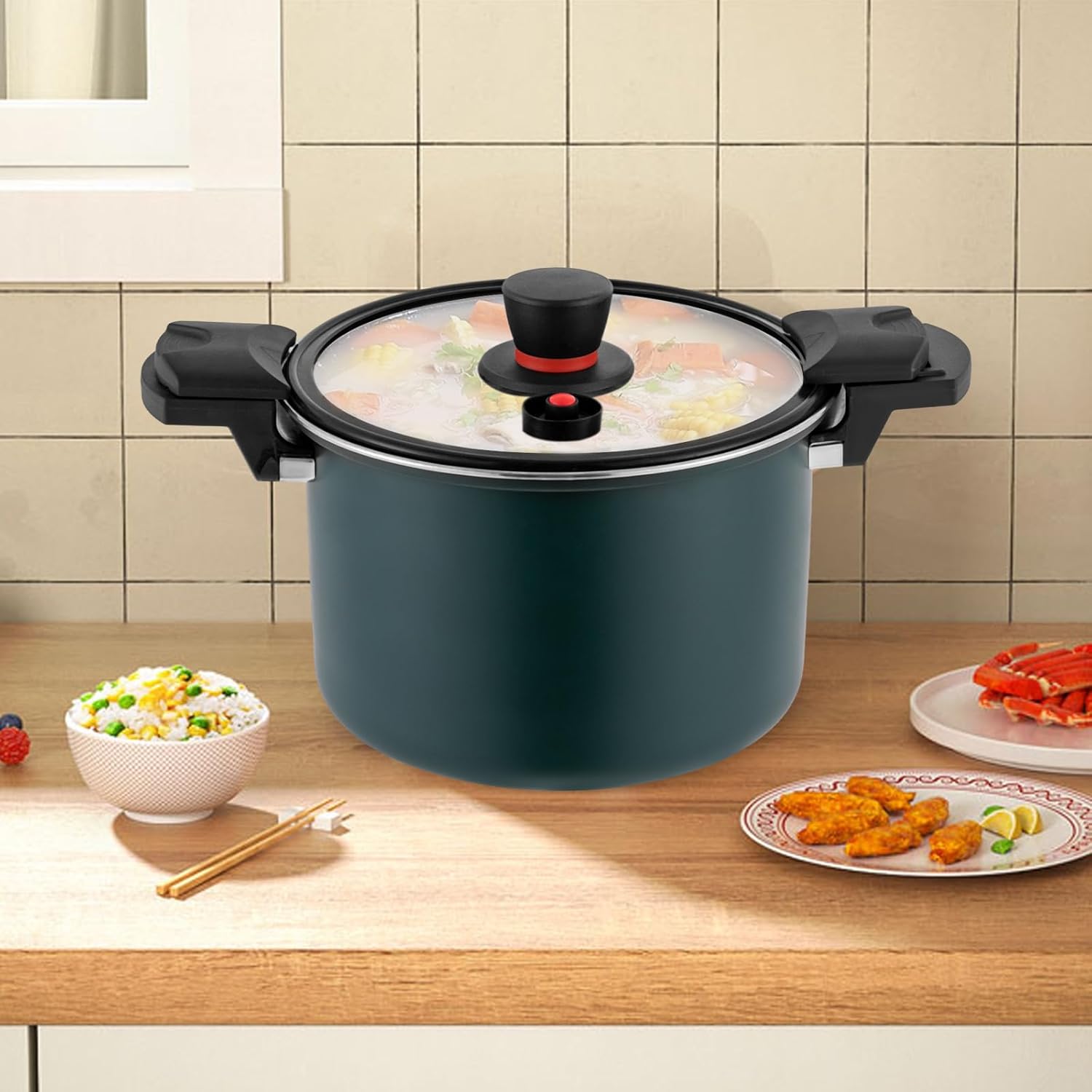 Olla a presión de acero inoxidable de 7.4 cuartos de galón de capacidad, válvula de resorte, dispositivos de protección con tapa de vidrio