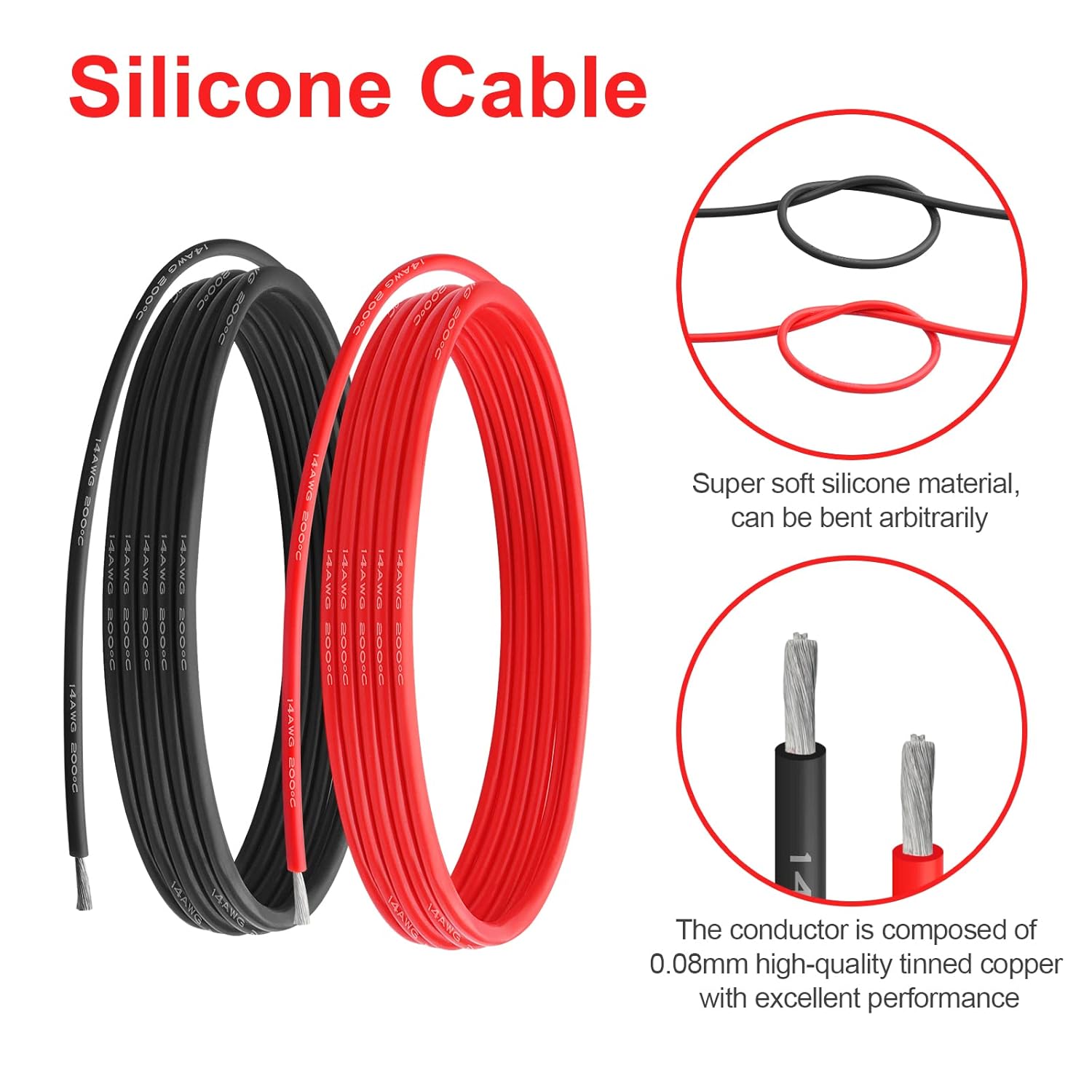 Cable eléctrico de silicona calibre 14 AWG (rojo de 10 pies y negro de 10 pies) suave y flexible núcleo de cobre estañado de 0.003 in, alambre de