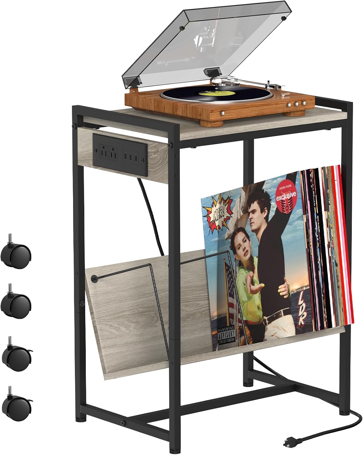 NOVIMANGO Soporte para tocadiscos, mesa auxiliar gris con estación de carga, soporte giratorio con almacenamiento de discos de vinilo, mesa auxiliar