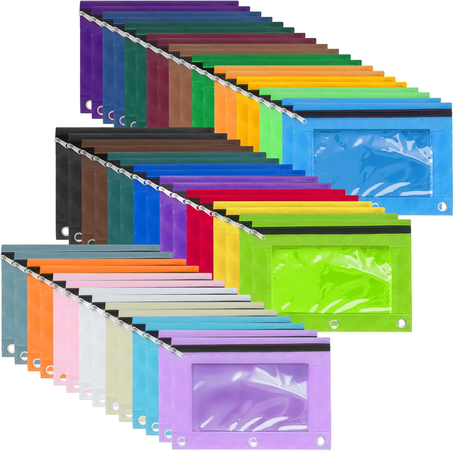 Tenceur 50 bolsas para lápices para carpetas de 3 anillos con cremallera, bolsas de tela para lápices, bolsa para lápices con ventana transparente,