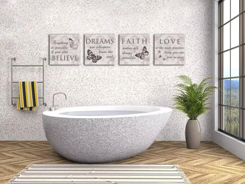 HDQ Art Lienzo inspirador familiar de mariposas en blanco y negro con citas de amor, sueño, fe, creer, baño, oficina, decoración de pared, pósteres