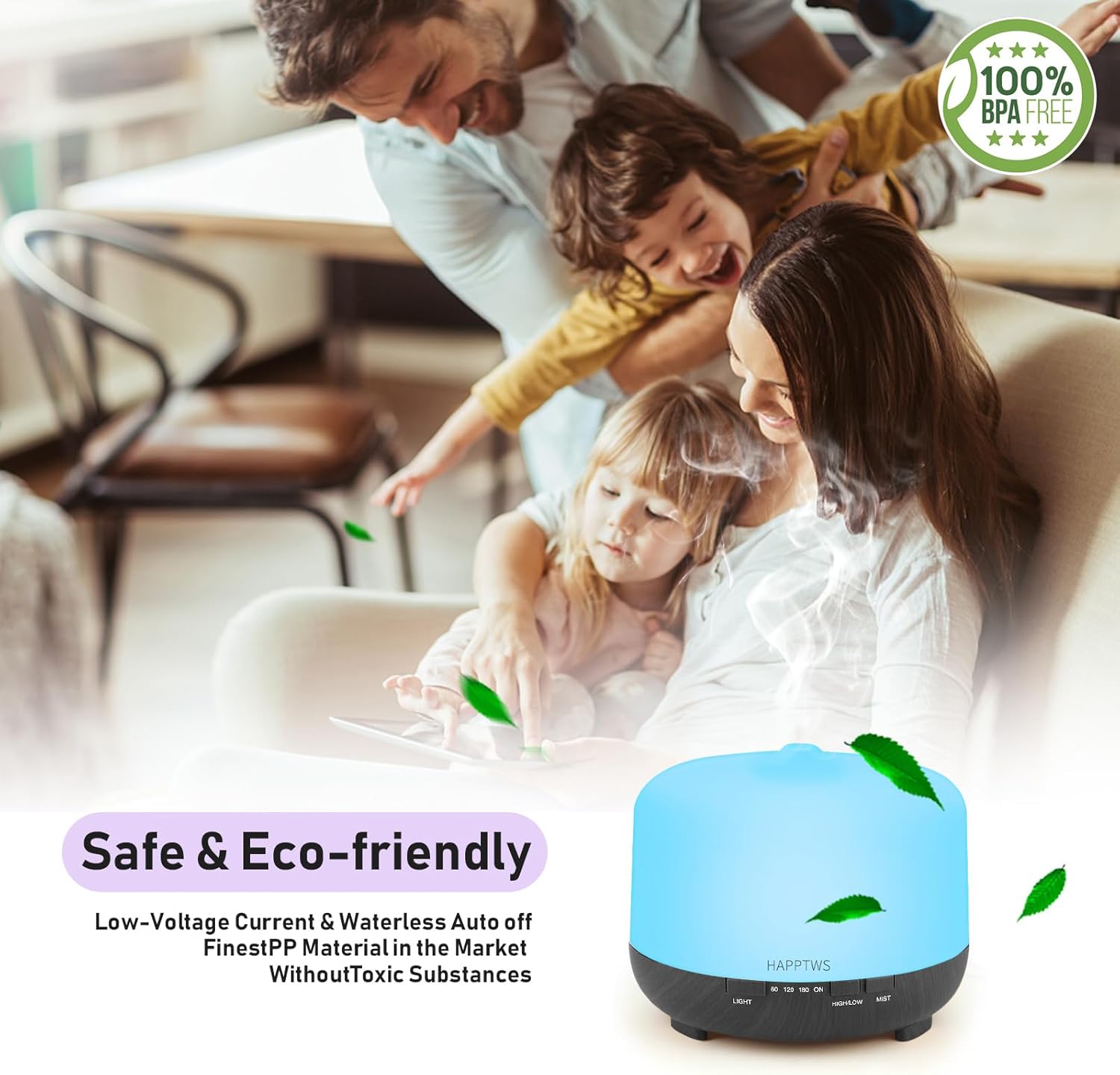HAPPTWS Difusor de aceite esencial de 16.9 fl oz  Humidificador de niebla fría con 4 temporizadores y 7 ajustes de color, sin apagado automático de