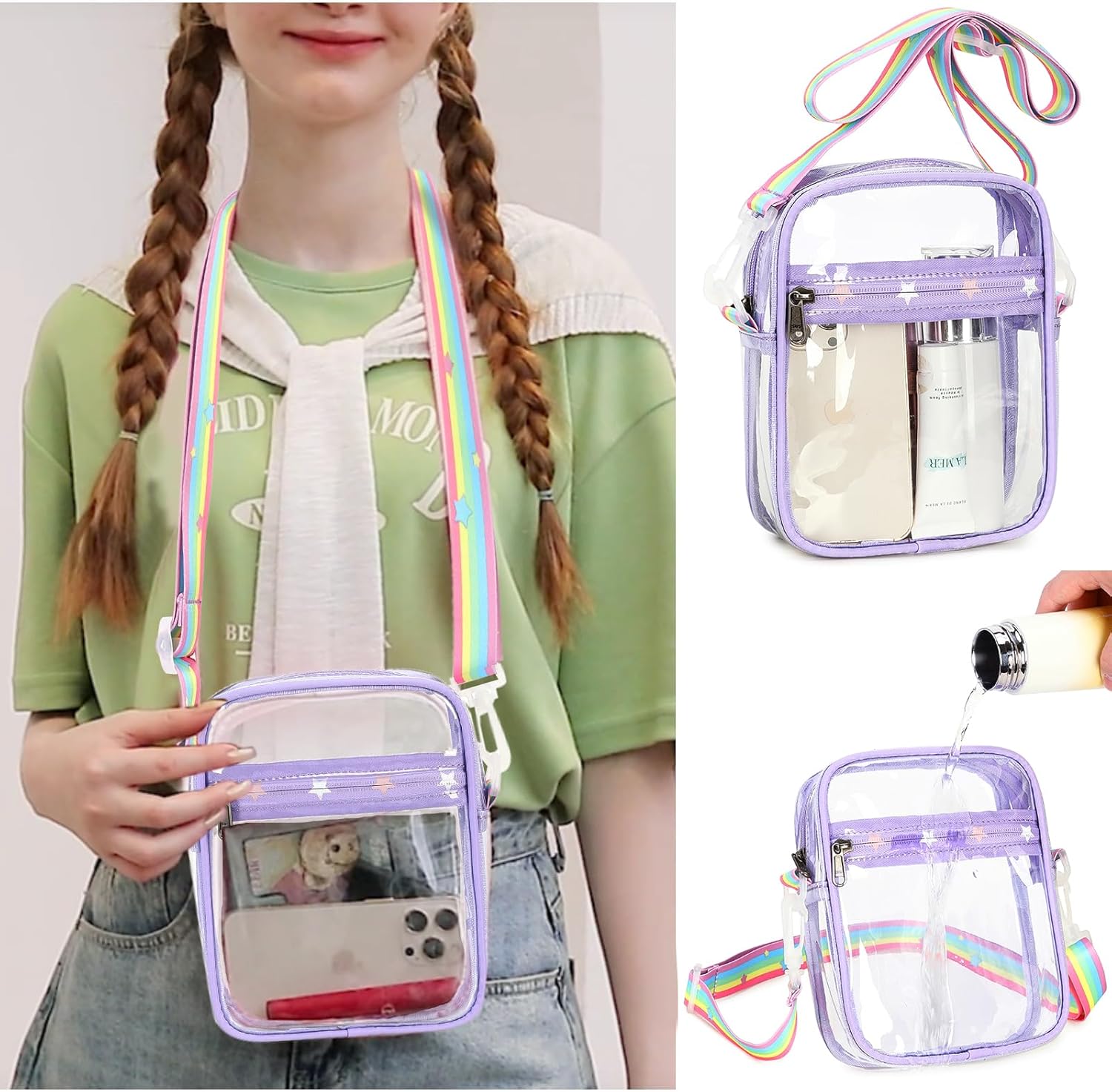 Bolso cruzado transparente aprobado para estadios, correa de hombro ajustable, bolsa transparente para conciertos, eventos deportivos