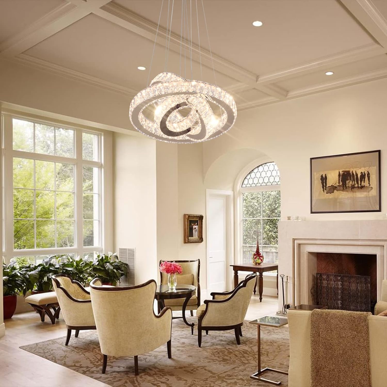 FRIXCHUR Candelabro LED de 3 anillos, modernos candelabros de cristal, luces colgantes ajustables, luces de techo doradas para dormitorio, comedor