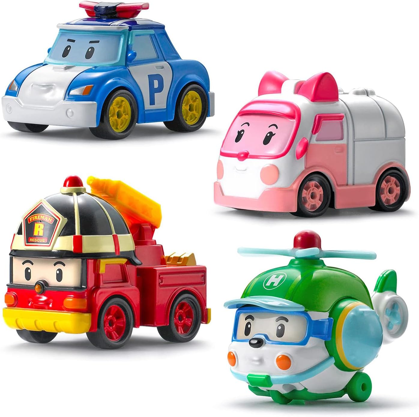 Robocar Poli Juguetes, paquete de 4 Automóviles de juguete de metal fundido a presión, equipo de rescate de mini corredores, poli + ámbar + Roy +
