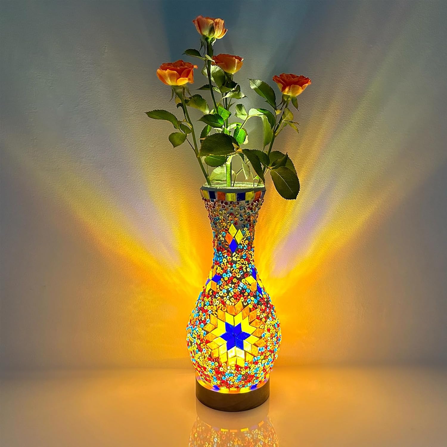 Lámpara de jarrón de mosaico, lámpara de mesa turca marroquí, colorido jarrón de vidrio hecho a mano con base de madera para flores, luz decorativa