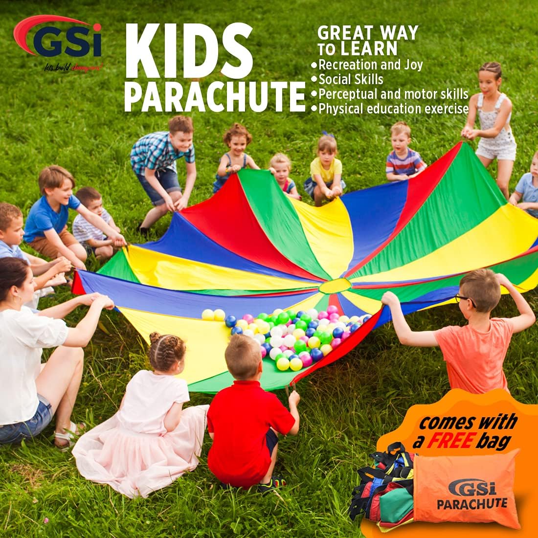GSi Kids Play Parachute 24 Ft, 30Ft, 35Ft Toy with Handles and Carry Bag for Cooperative Play and for Upper-Body Strength  Multi-Colored