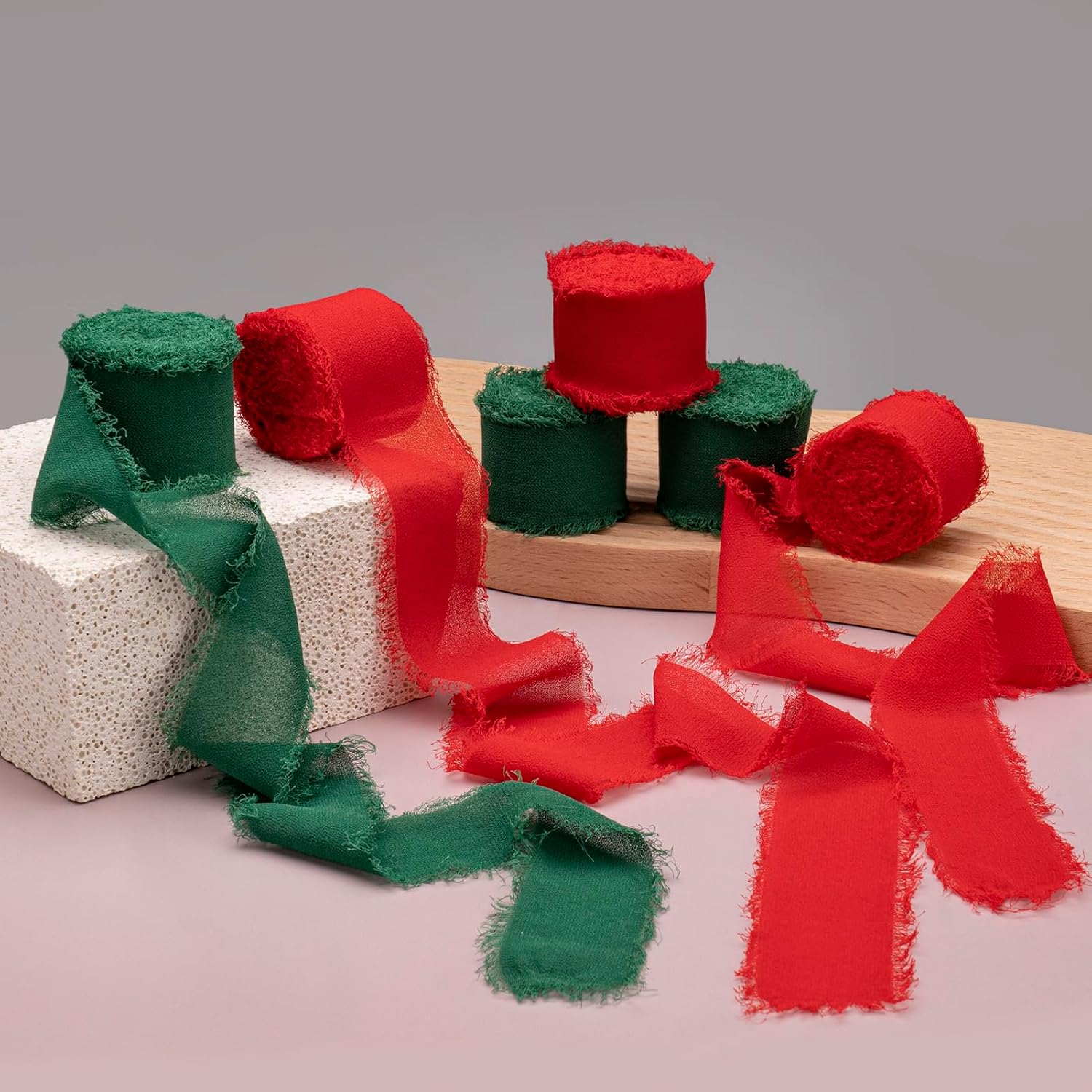 Cinta de gasa, 3 rollos de cinta de gasa de seda con flecos de color verde oscuro hecho a mano de 1.5 pulgadas x 7 yardas, juego de cintas para