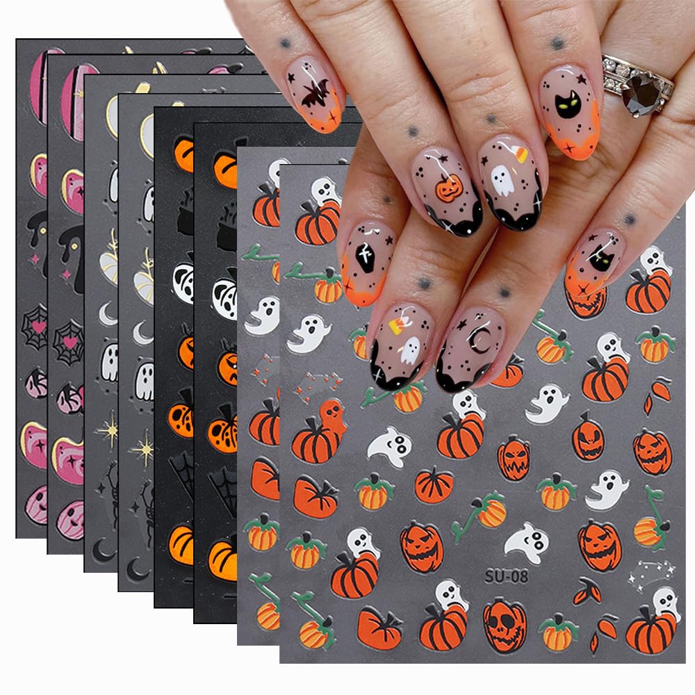 8 hojas de calcomanías de arte de uñas de Halloween, diseño de calabaza fantasma, diseño de llama de araña, diseño de llama de sangre y llama,