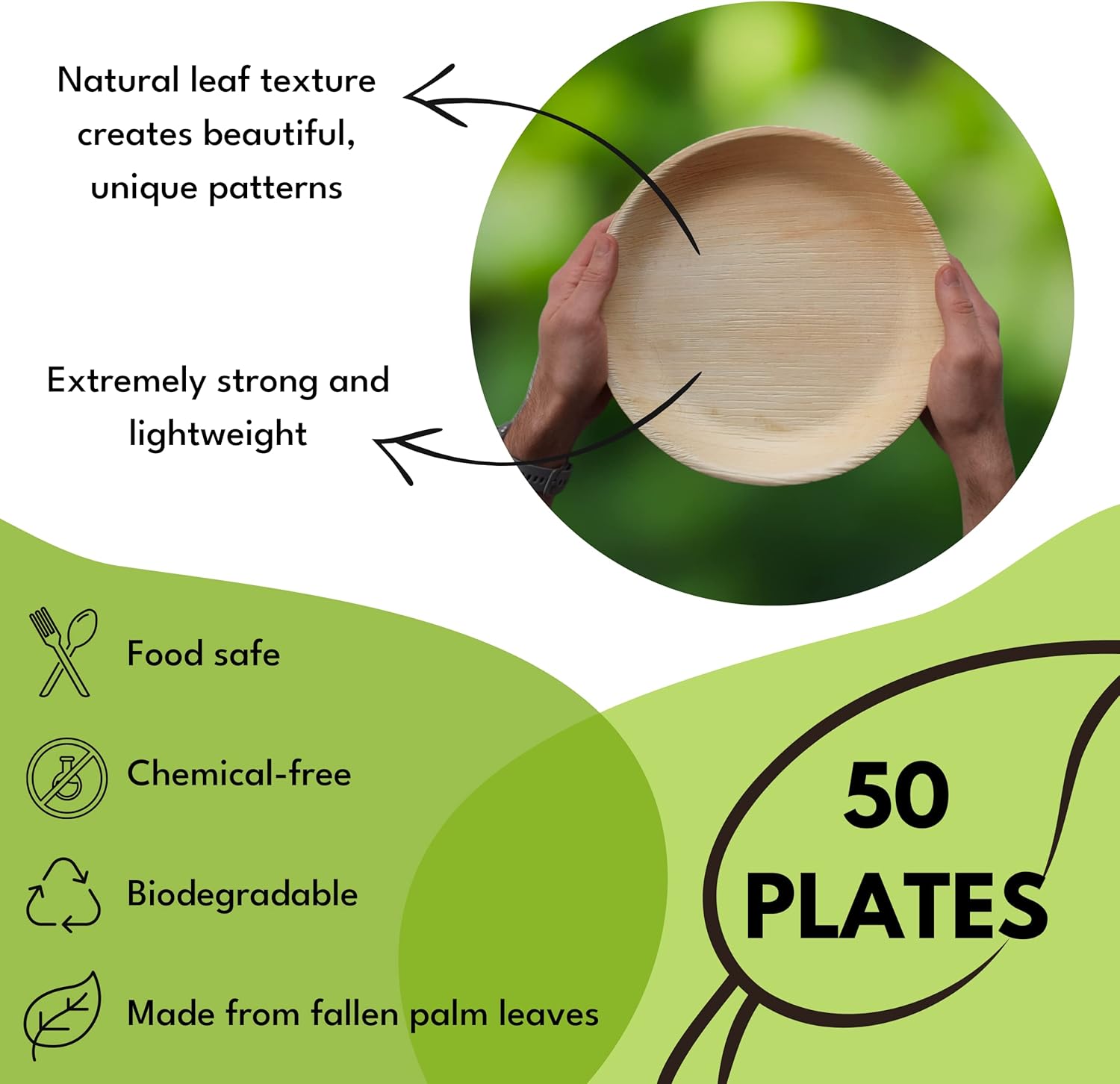 Platos de hoja de palma  Platos redondos de bambú de 10 pulgadas, ecológicos, desechables, compostables y biodegradables para bodas, fiestas y