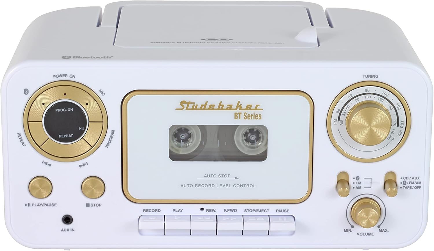 Studebaker CD estéreo portátil Bluetooth, radio estéreo AMFM y reproductor de cassettegrabadora (blanco y dorado)