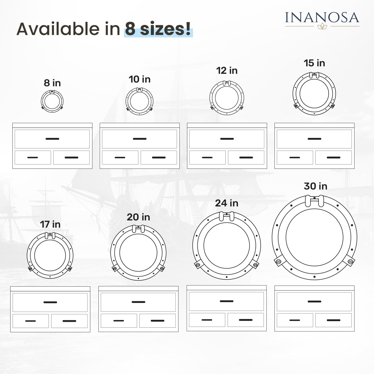 inanosa Espejo de ojo de buey  Acabado blanco níquel plateado de 12 pulgadas  Decoración náutica de pared para baño y dormitorio  Decoración antigua