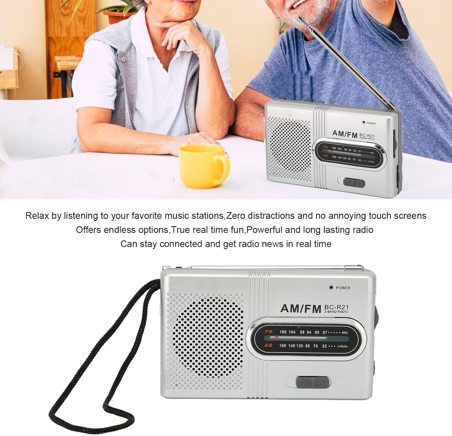 Radio AM FM portátil con conector para auriculares, radio de transistor de bolsillo portátil de larga duración con altavoz de 5 W, para el hogar al
