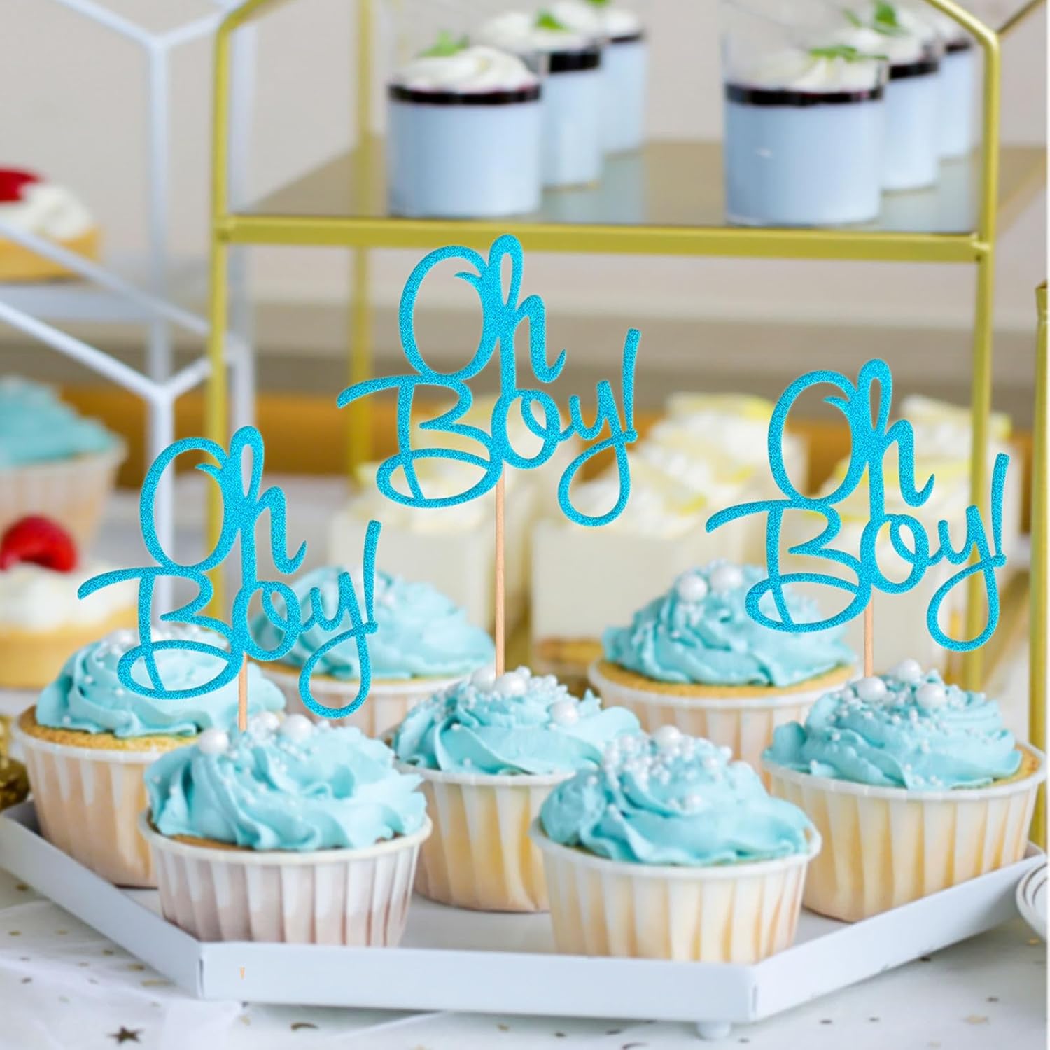 ALISSAR Paquete de 24 adornos azules con purpurina para cupcakes, decoración de fiesta de baby shower