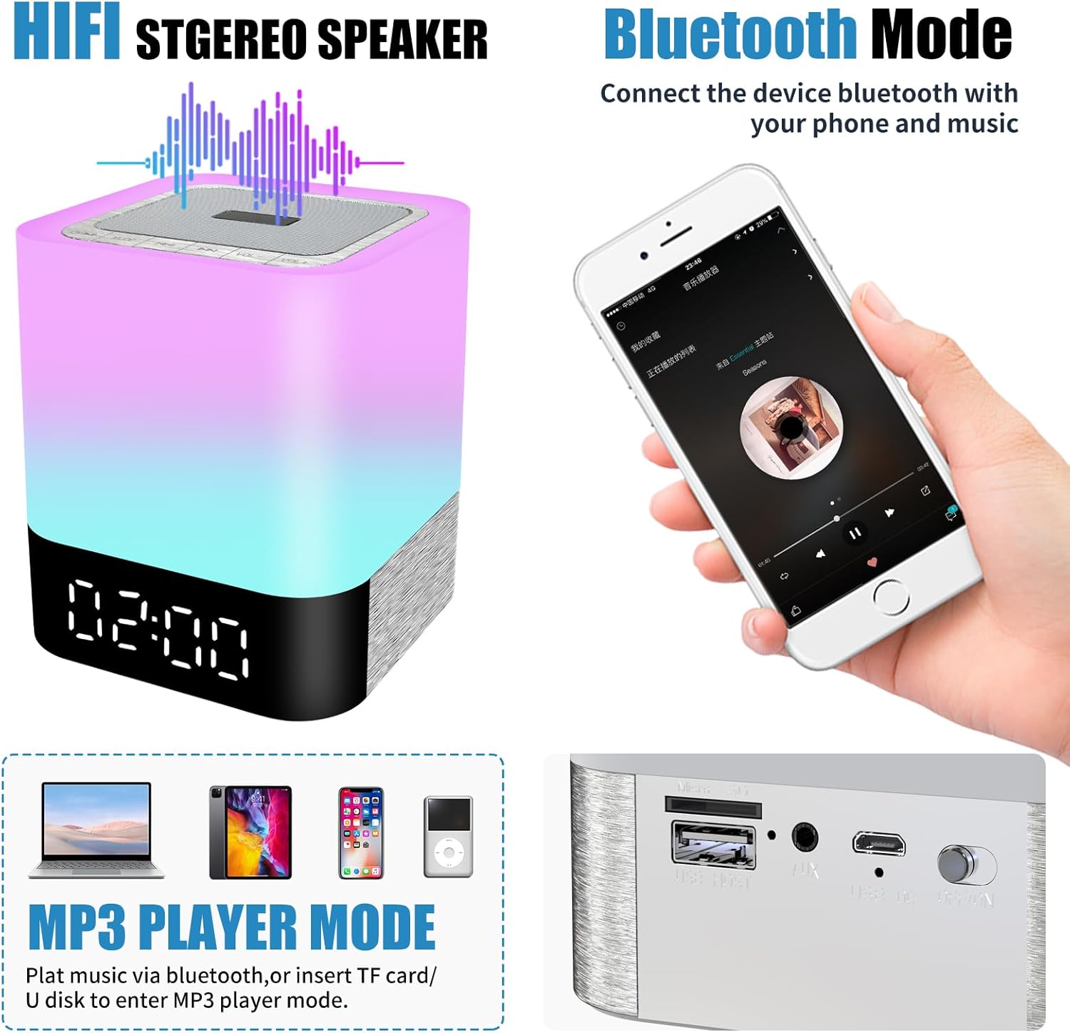 Bedside Lamp with Bluetooth Speaker, Night Light for Bedroom, 1224H Digital Calendar Alarm Clock, Touch Control, TF and SD Card MP3 Music Player,
