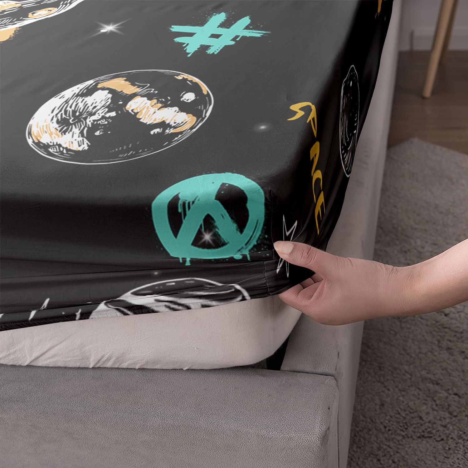 AILONEN Outer Space – Juego de sábanas bajeras de tamaño Queen, juego de sábanas de galaxia celestial, planeta espacial para niños y niñas,