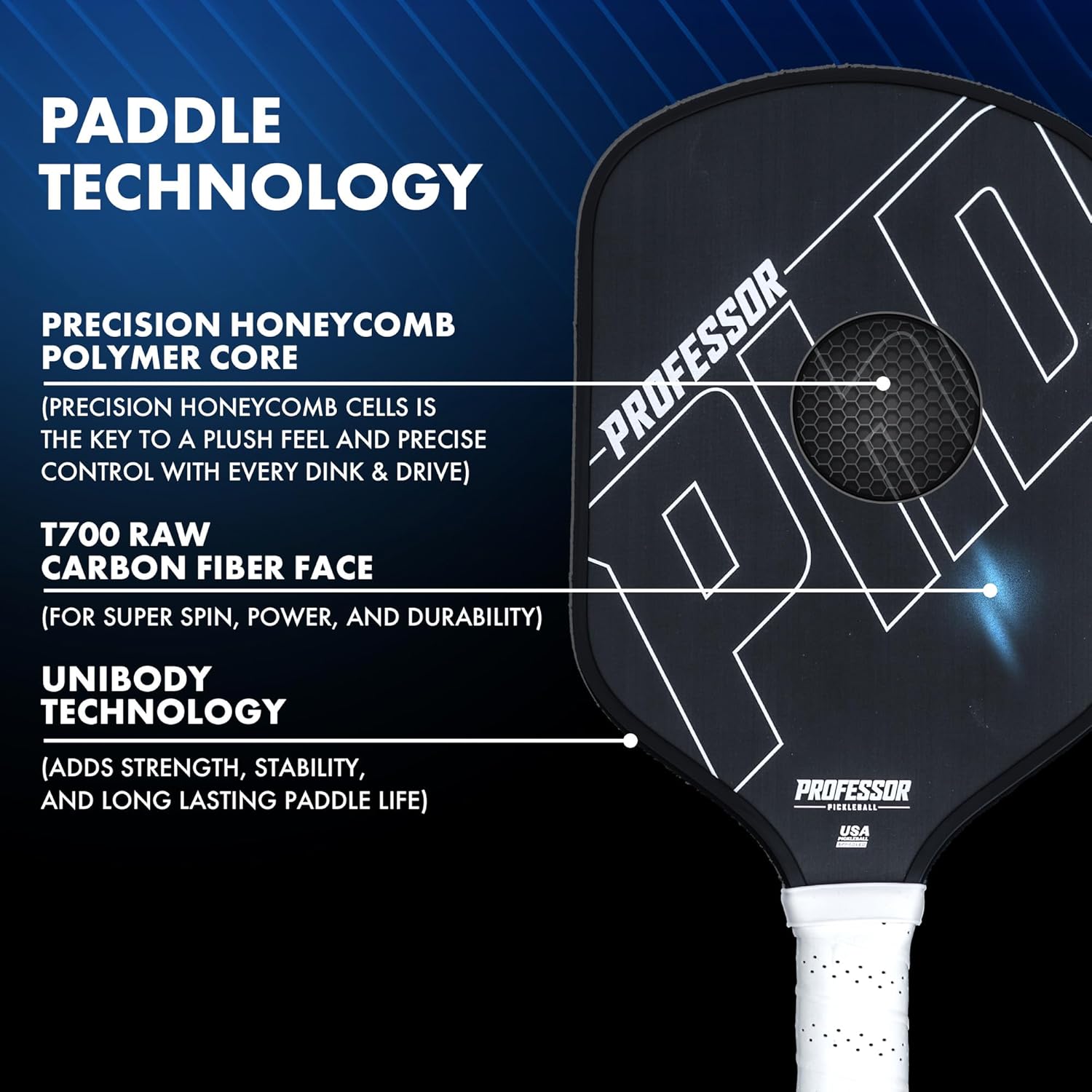 Professor PhD – Raqueta de paleta de pickleball de fibra de carbono cruda, aprobada por Estados Unidos, núcleo de panal de abeja, potencia y control