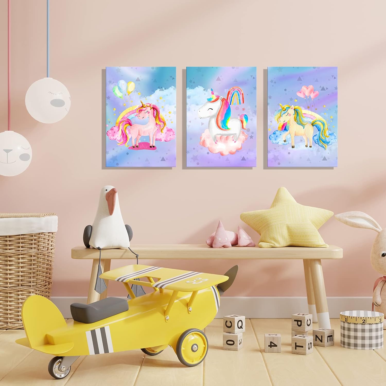 YUANAND Arte de pared de unicornio para dormitorio de niña, cuadros de lienzo de arcoíris para decoración del hogar del cuarto del bebé, carteles