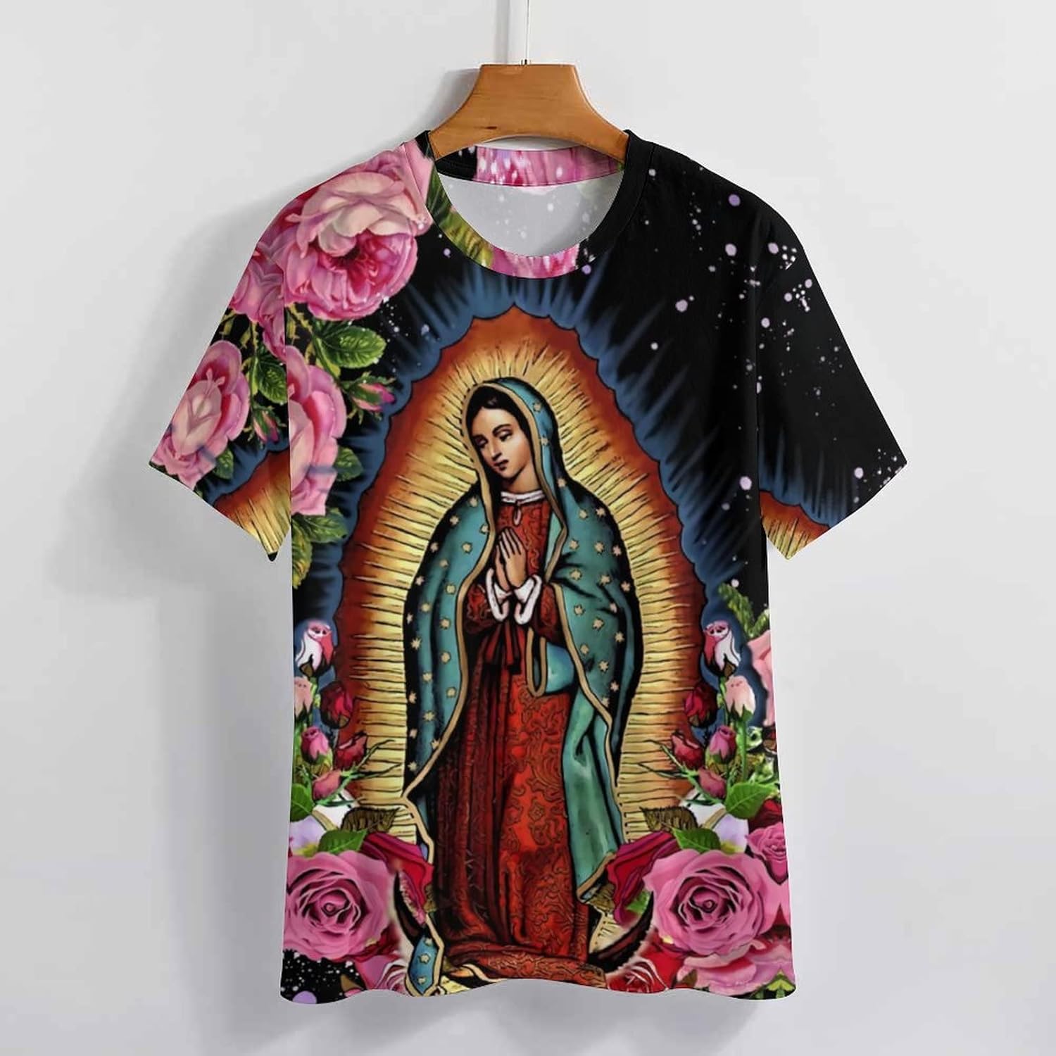 Camiseta con estampado completo para mujer Virgen María de Guadalupe