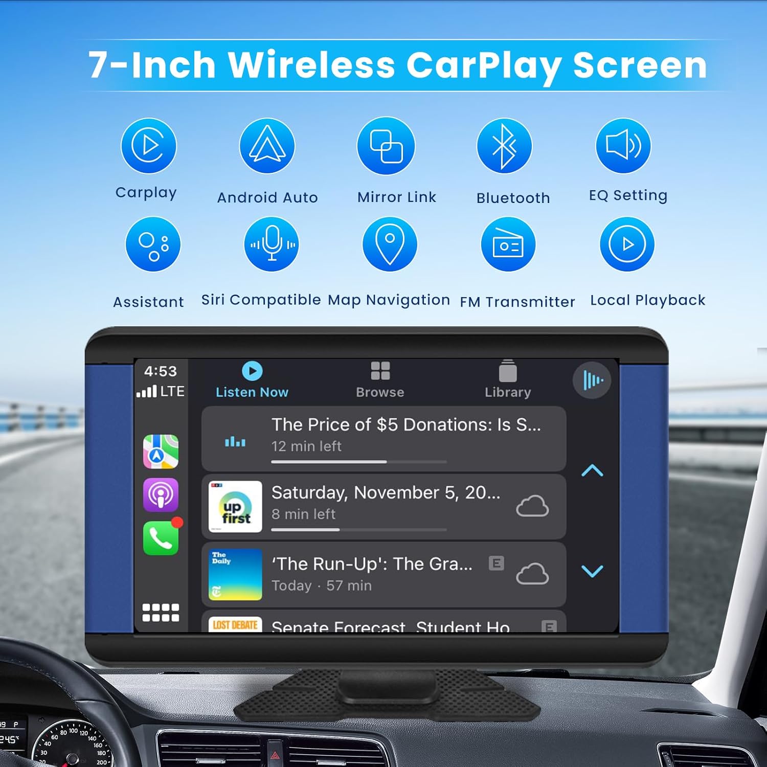Inefala Estéreo portátil inalámbrico para automóvil Apple CarPlay de 7 pulgadas, soporte para tablero CarPlay con Android Auto, pantalla táctil