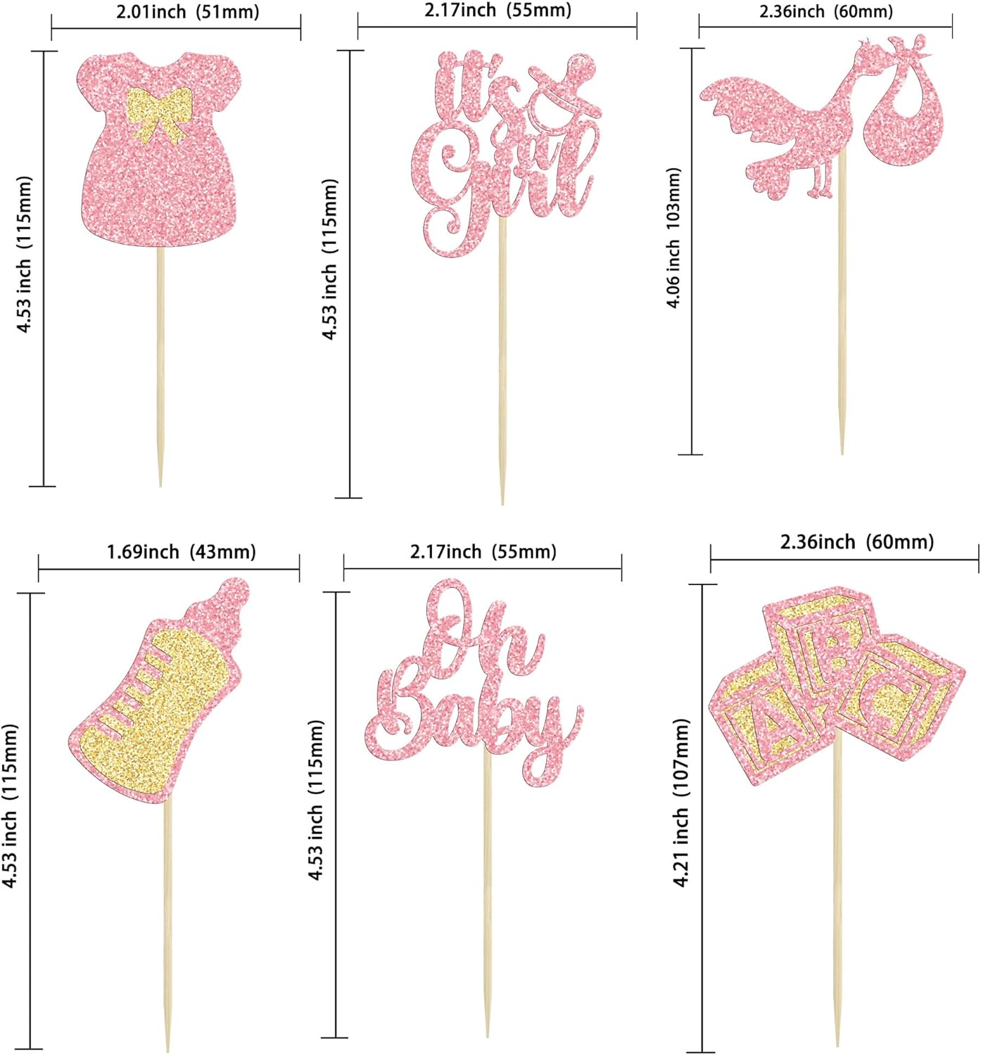 Gyufise 24 adornos para cupcakes Oh Baby Glitter It’s a Girl Cupcake Picks Bow Dress Baby Shower Baby Shower Cake Decor para revelación de género