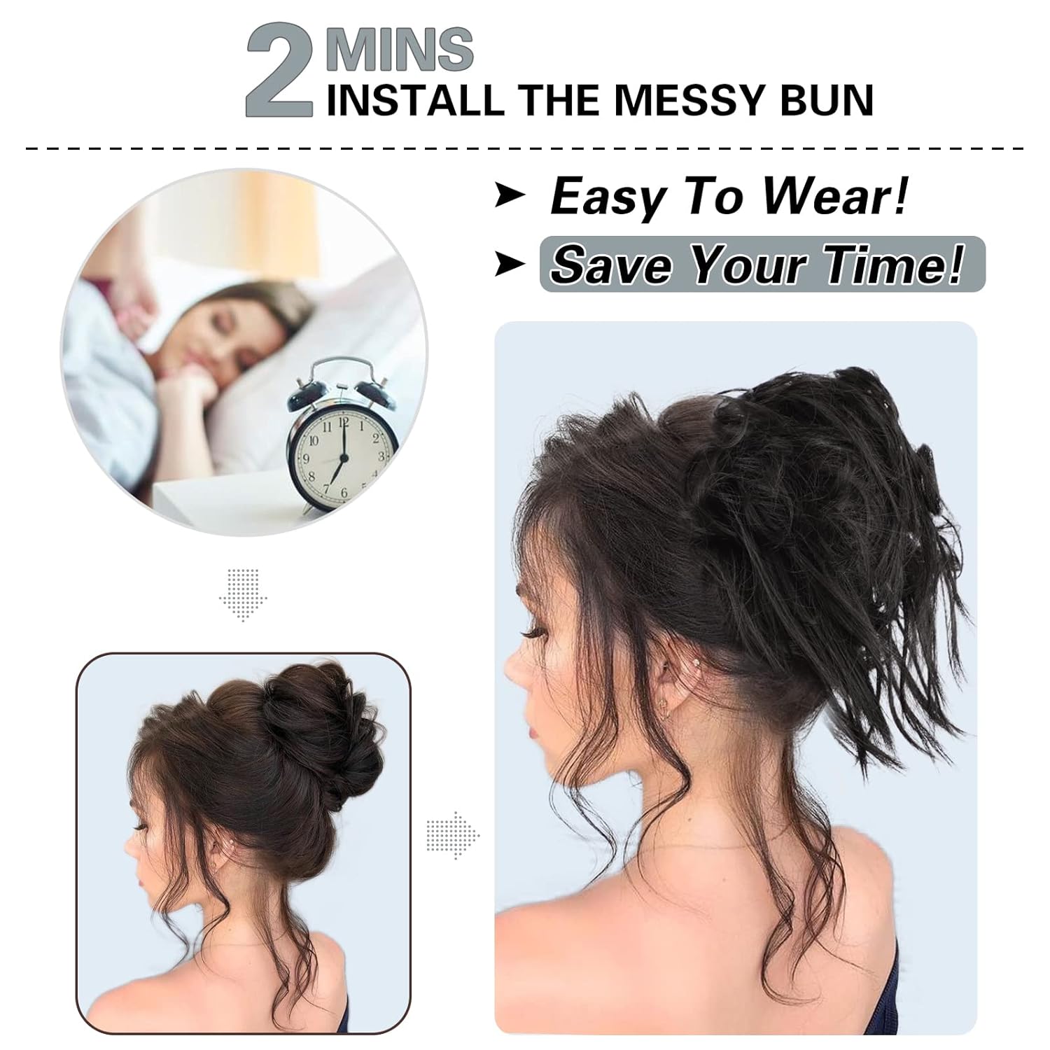 HMD Juego de 5 piezas de moño despeinado para mujer, extensión de cola de caballo con banda de goma elástica, extensión de cabello largo y