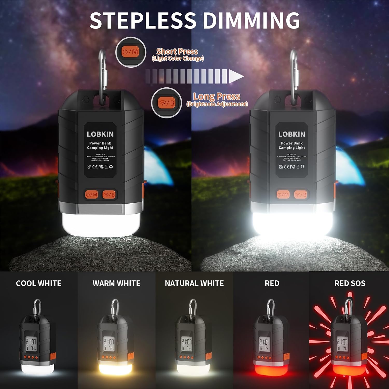LOBKIN Linterna LED recargable de 15600 mAh  Luces portátiles de emergencia para tienda de campaña, faroles de huracán con 5 modos de luz, pantalla