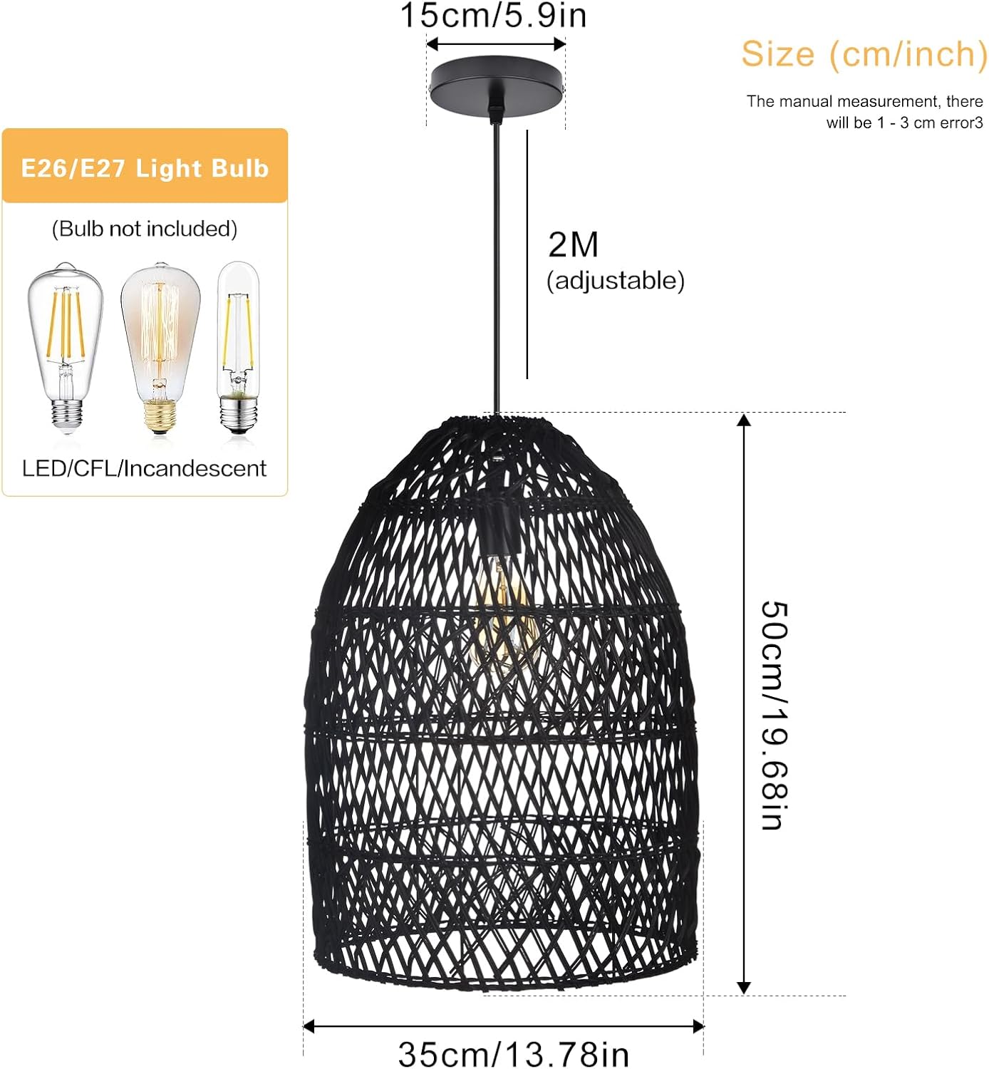 Arturesthome Lámpara colgante de cesta de ratán rústico, lámpara de araña de mimbre bohemio, pantalla de artesanía costera hecha a mano, iluminación