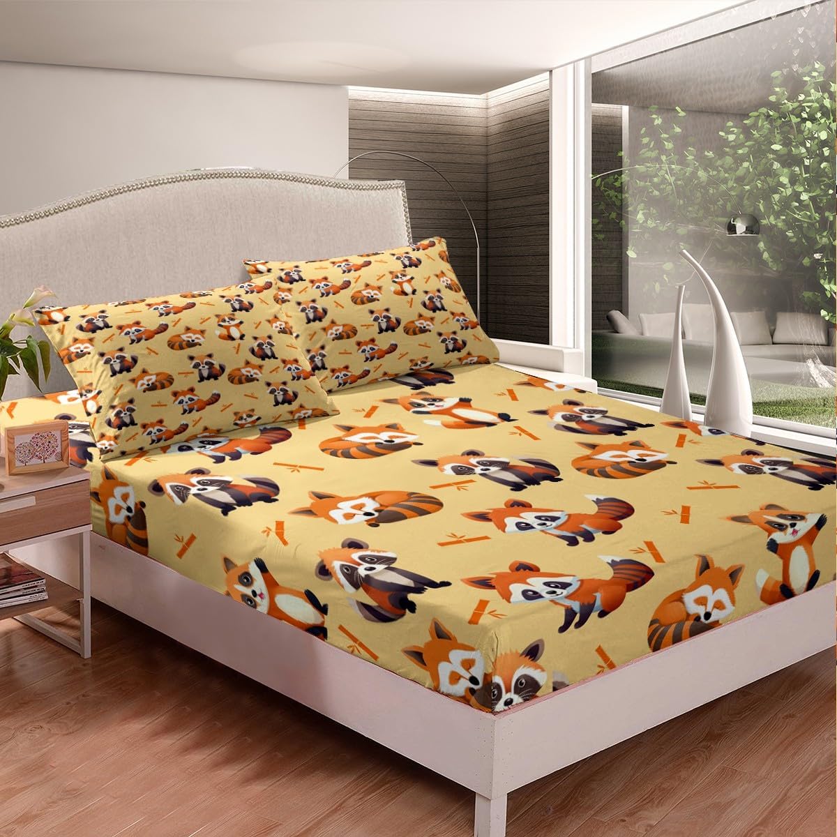 Feelyou Juego de ropa de cama de panda de dibujos animados para niños, sábanas de bambú con panda rojo para niños y niñas, decoración temática de