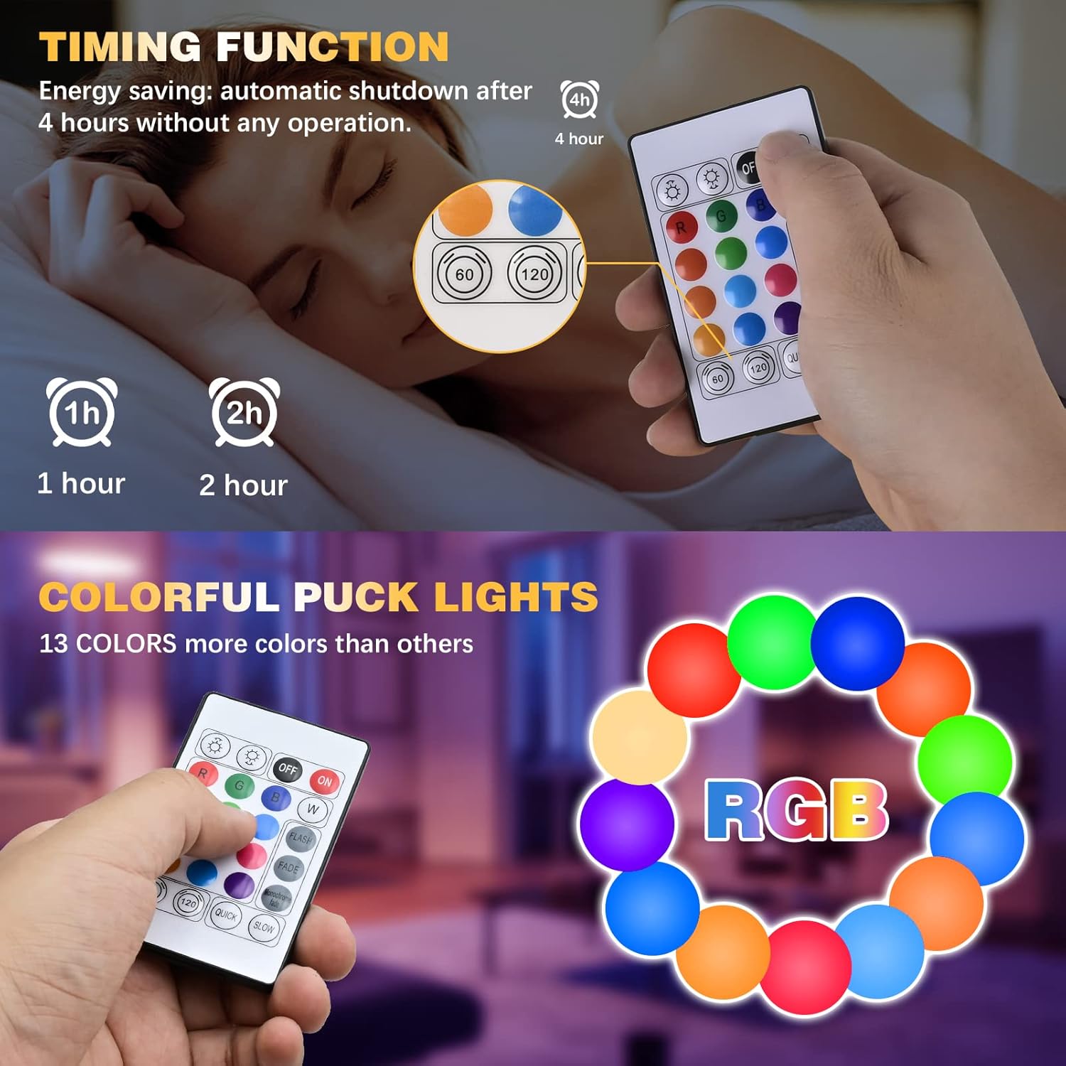 NARUNDREN Puck Lights with Remote,13 Colors Changeable LED Under Cabinet Lighting Push Lights, Battery Powered Closet Lights,Timer Stick on Lights