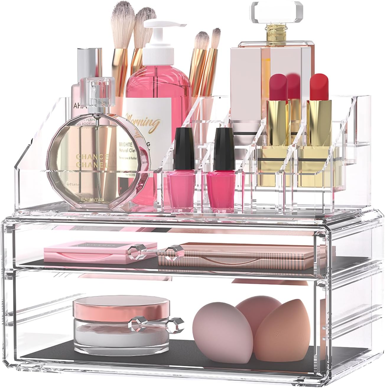 Harmon Wandyer Organizador de maquillaje acrílico transparente con 2 cajones y extraíble de los soportes superiores para lápiz labial, soporte de