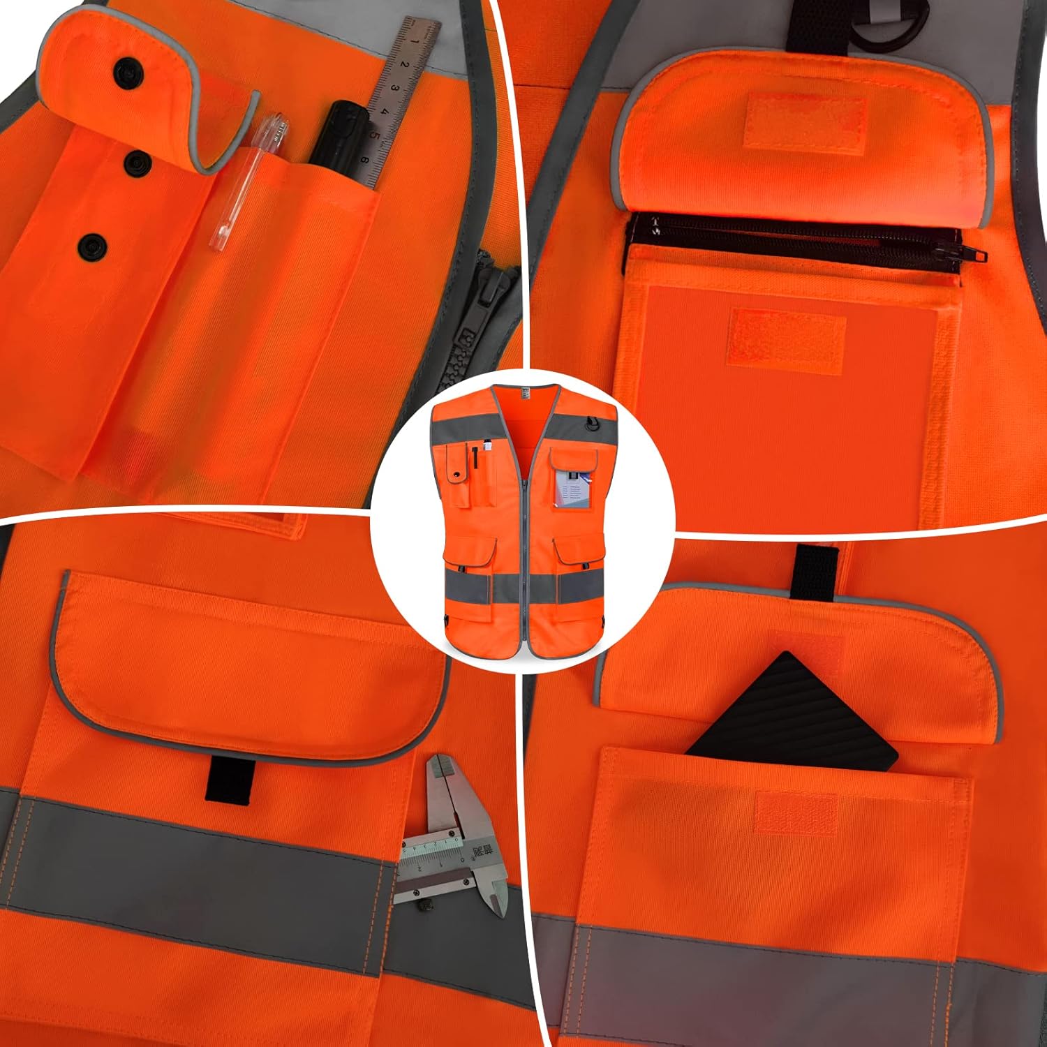 TCCFCCT – Chaleco de alta visibilidad, chaleco de seguridad reflectante para trabajo con 9 bolsillos para hombres y mujeres, chaleco con tiras