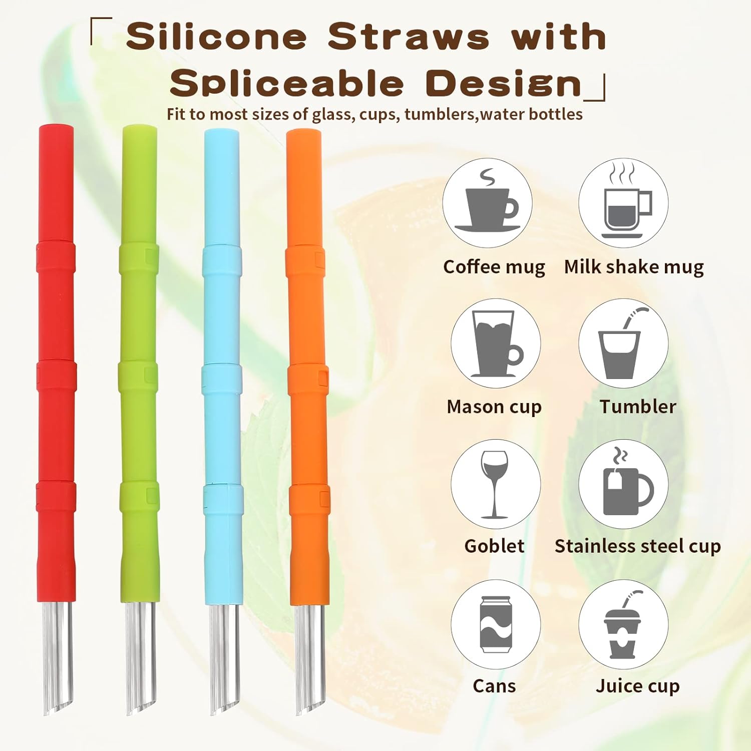 Pajitas de silicona reutilizables, 4 popotes de viaje empalmables con cepillo de limpieza de estuche, popotes de silicona de longitud ajustable para
