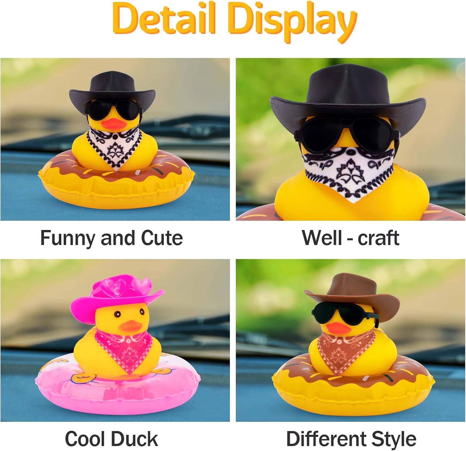 wonuu Decoración de pato de goma para automóvil, accesorios de decoración de tablero de instrumentos de vaquero occidental con mini anillo de