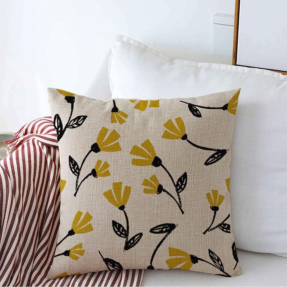 Decorative Square Throw Pillow Cover Linen Spring Repeat Flowers Pattern Design Black Paper Pen Textile Mustard Abstract Trendy Textures Leaf Pillow