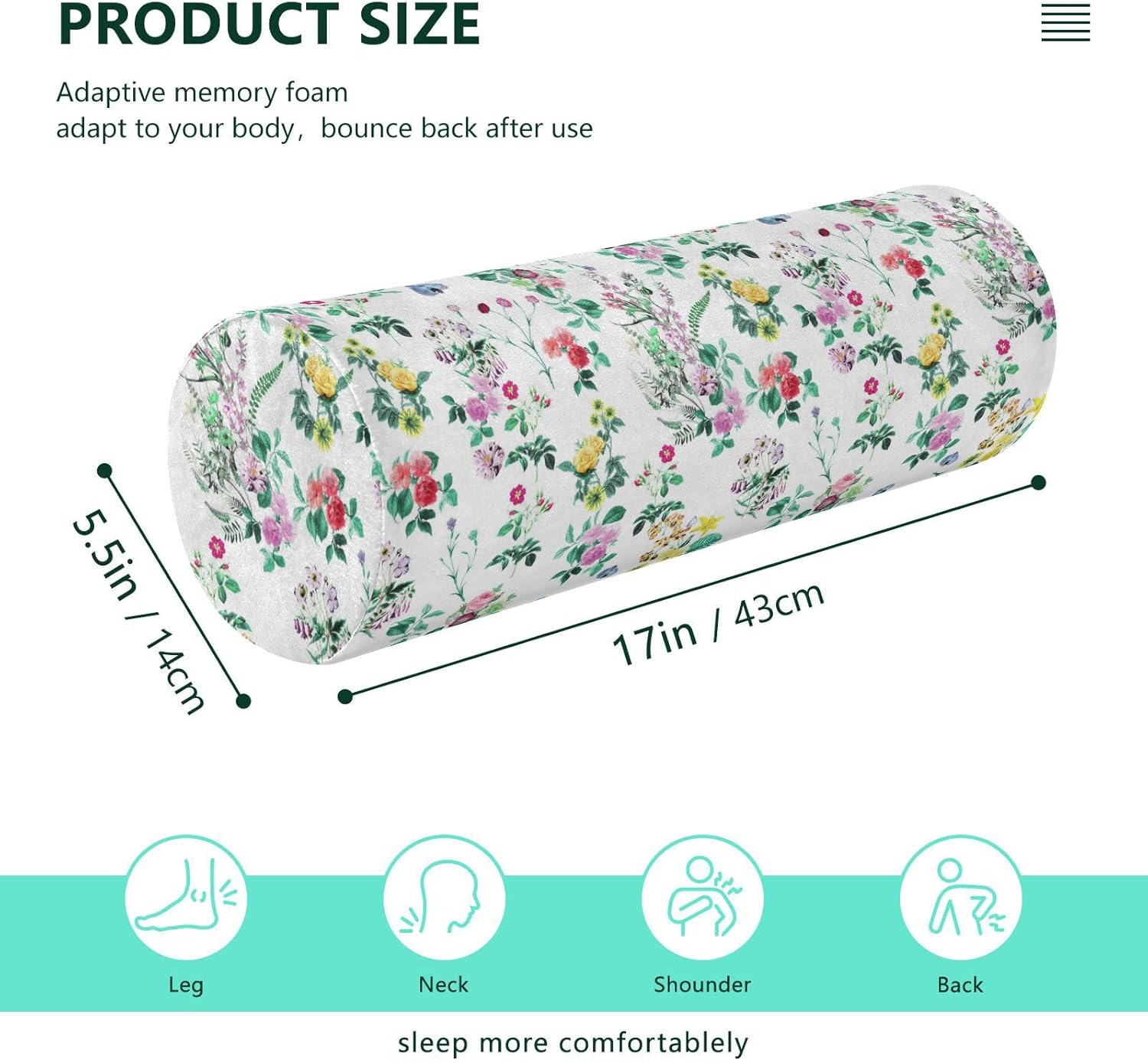 Almohada con diseño de hojas y flores silvestres para piernas para dormir, almohada cervical con funda de almohada larga redonda para cama