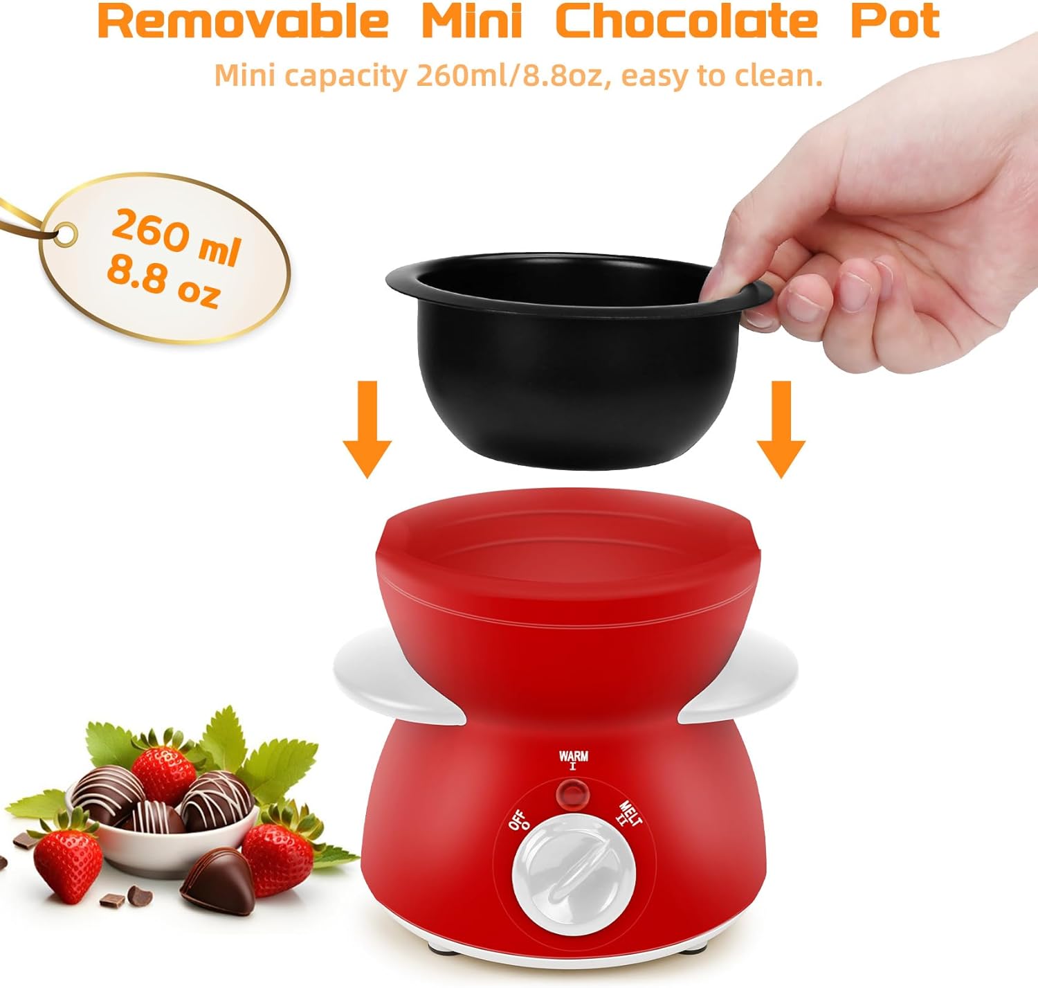 Mini olla para fundir chocolate, fuente de fondue de chocolate, máquina calentadora de 8.79 onzas para chocolate con leche, queso, mantequilla,