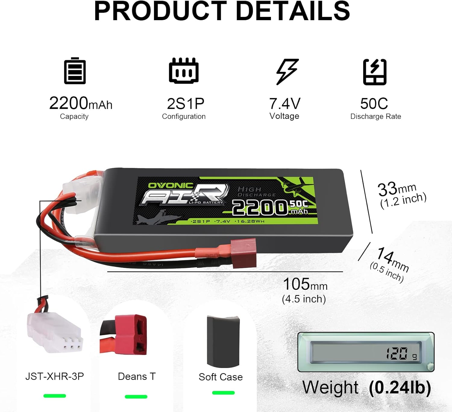 OVONIC 2s Lipo Battery 50C 2200mAh 7.4V Lipo Battery Soft Case con conector T estilo Dean para RC Evader BX Car RC Truck RC Truggy RC Avión UAV