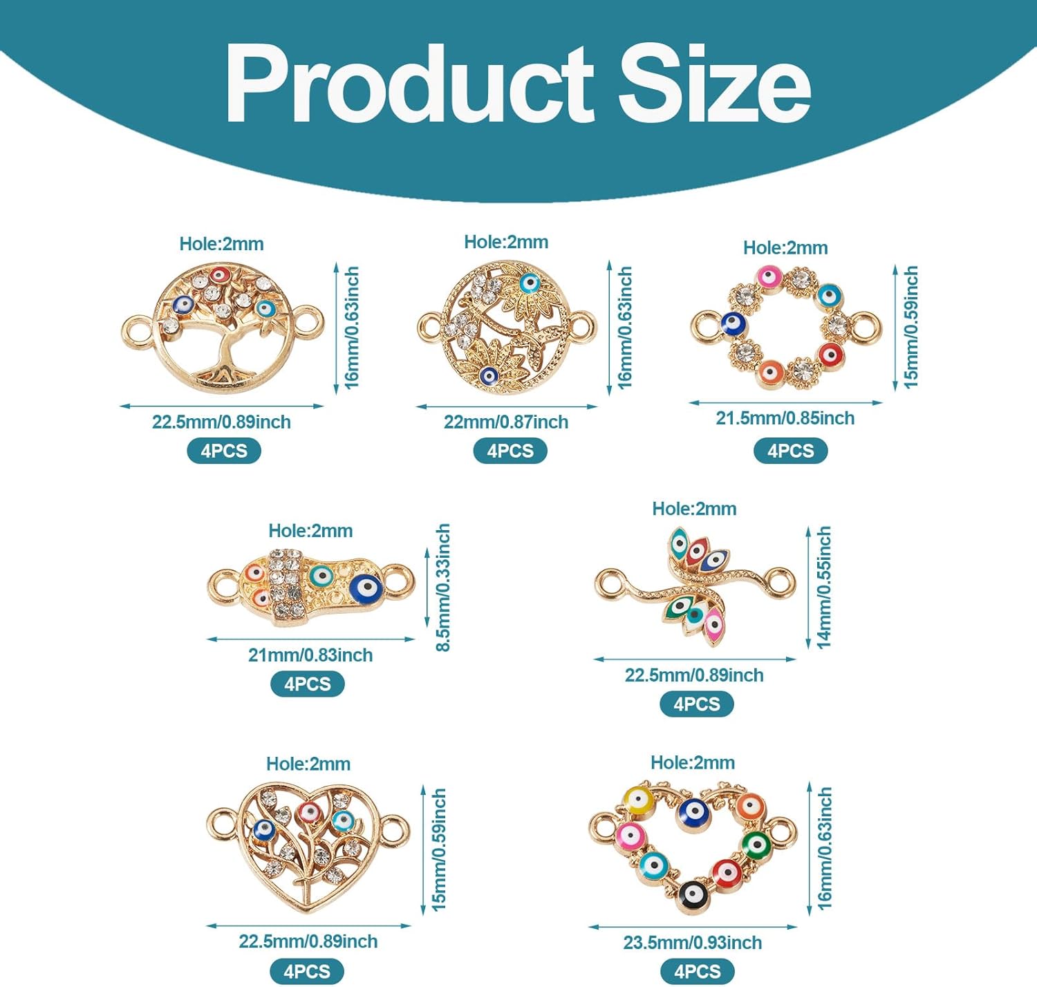 Craftdady 28 dijes esmaltados para el mal de ojo, diamantes de imitación de cristal con forma de corazón de árbol de corazón plano y redondo, dijes
