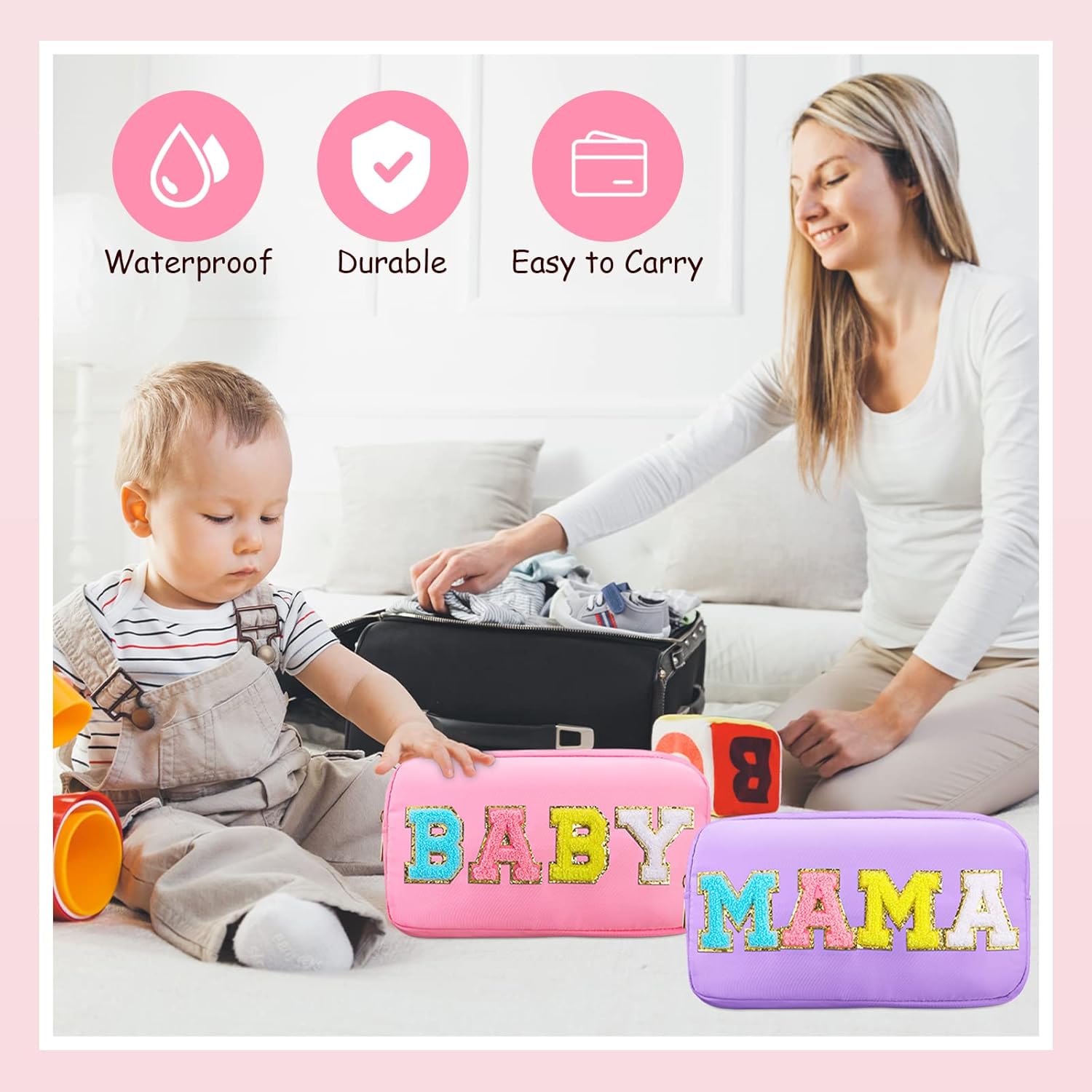 Sanwuta Bolsa de cosméticos de nailon, bolsa de maquillaje con letras de chenilla, bolsa de maquillaje con cremallera, bolsa de artículos de tocador