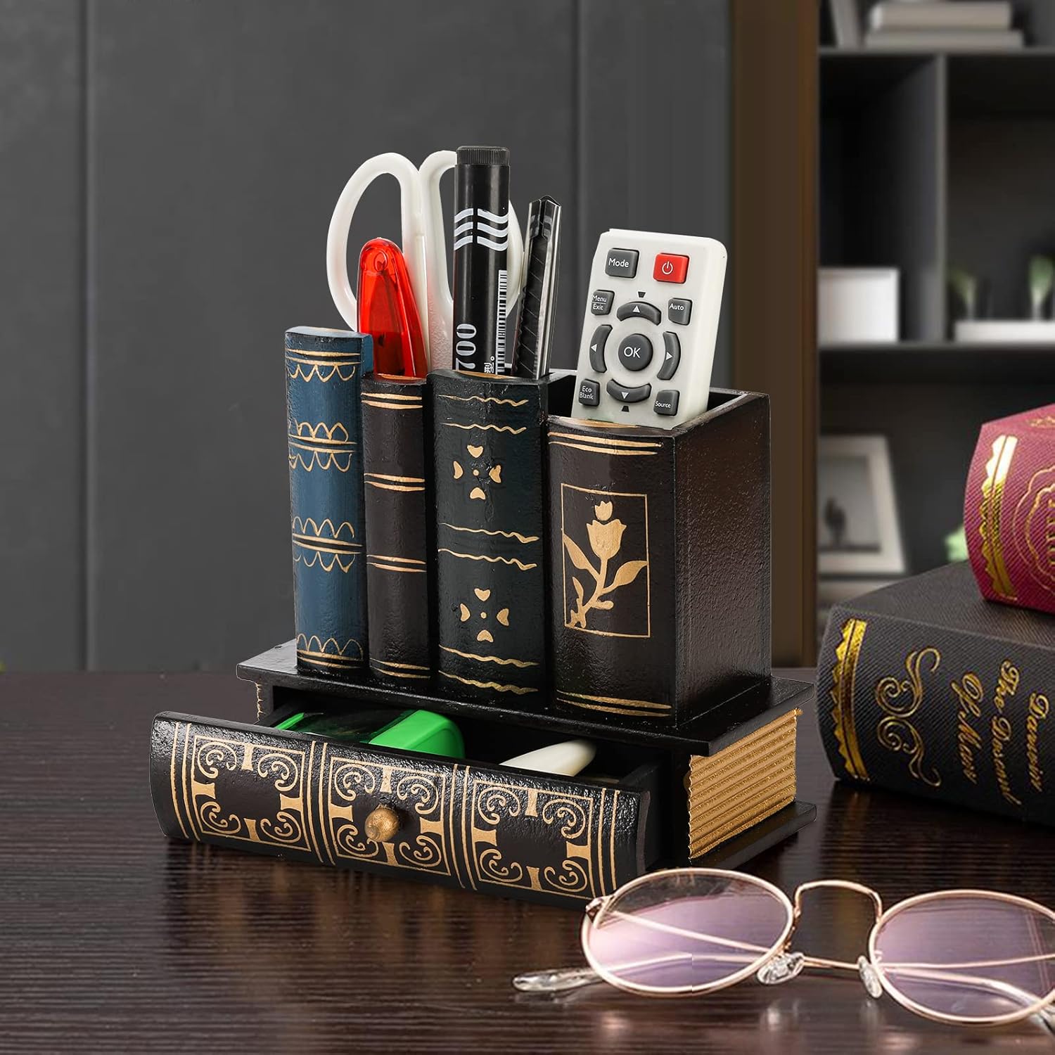 Tosnail Soporte decorativo para bolígrafos con cajón de almacenamiento, organizador de lápices de madera, organizador de libros de biblioteca