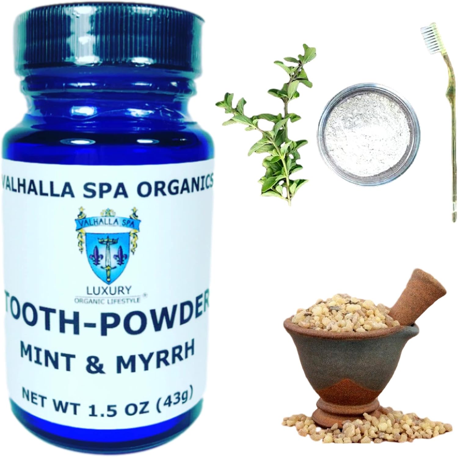 Polvo dental con menta y mirra  Pasta de dientes natural  Sin flúor  Blanqueamiento  Pulido  Valhalla Spa Organics 1.5 oz